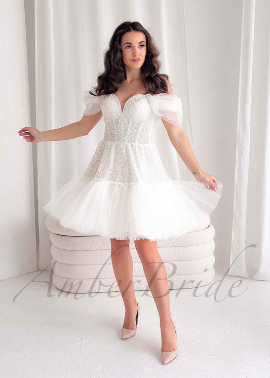 Exclusive Knee Length Off Shoulder Tulle dress with Corset