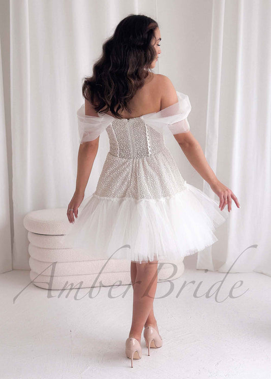 Exclusive Knee Length Off Shoulder Tulle dress with Corset