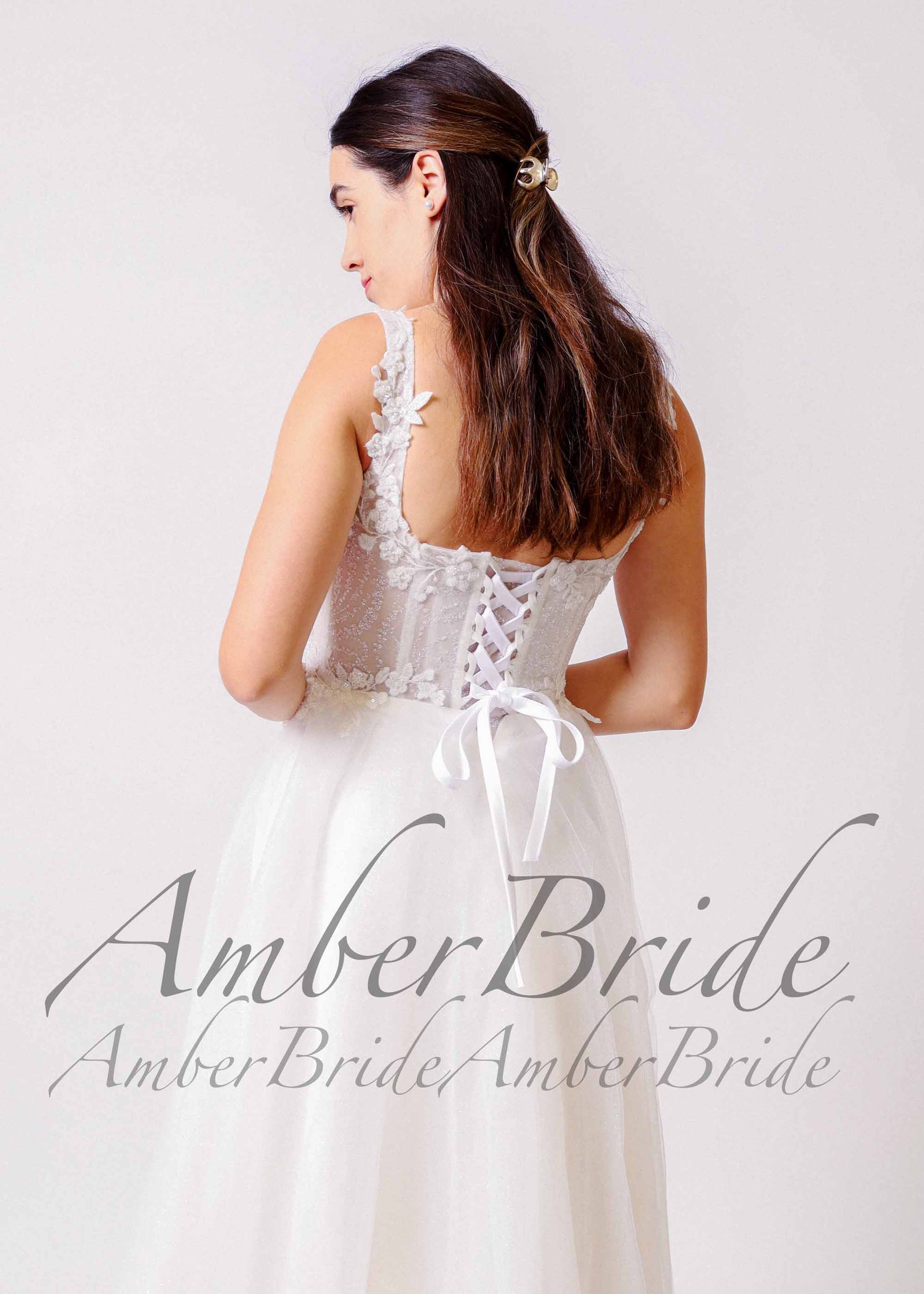 Rustic Wedding Dress with Floral Appliques with Glittering Tulle Skirt