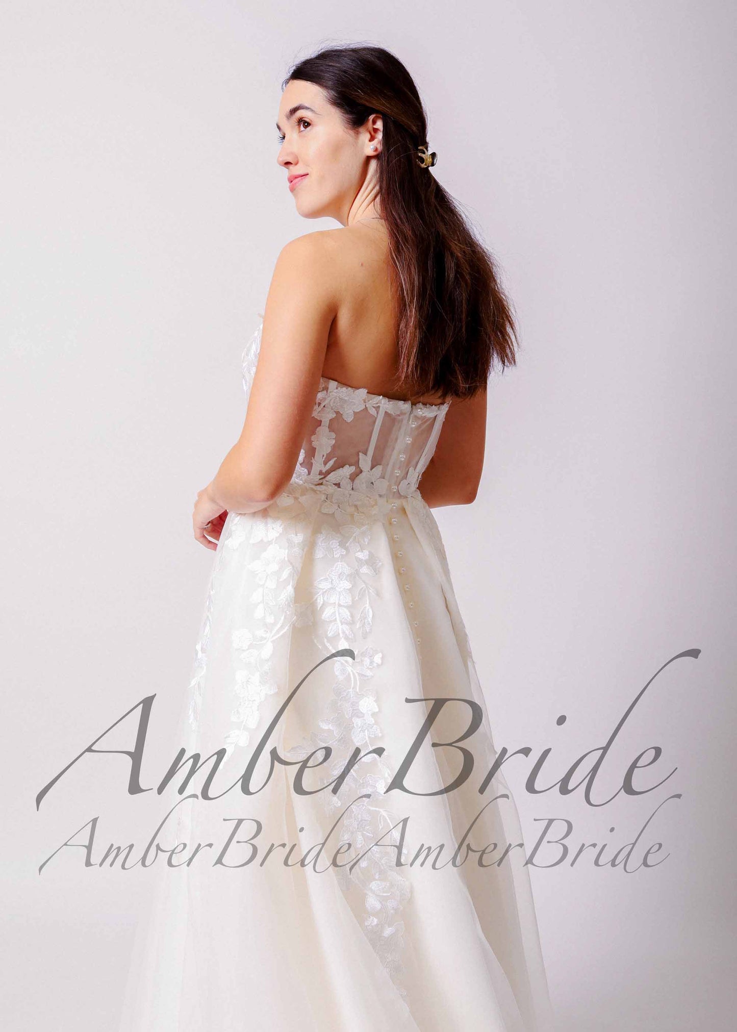 Boho Strapless Wedding Dress with Floral Appliques and Detachable Puffy Sleeves