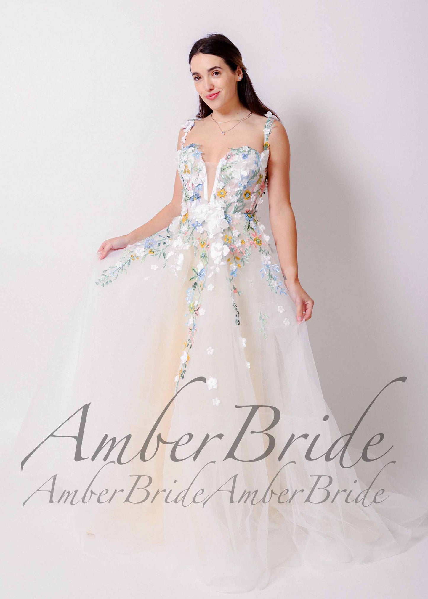 Rustic Floral Wedding Dress with Colorful Wildflower Appliques and Deep V-Neck