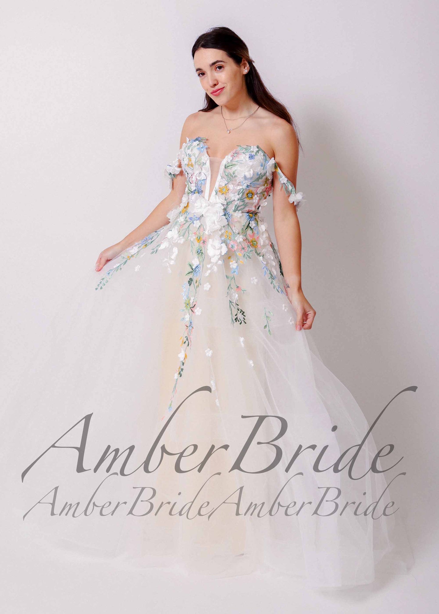 Rustic Floral Wedding Dress with Colorful Wildflower Appliques and Deep V-Neck