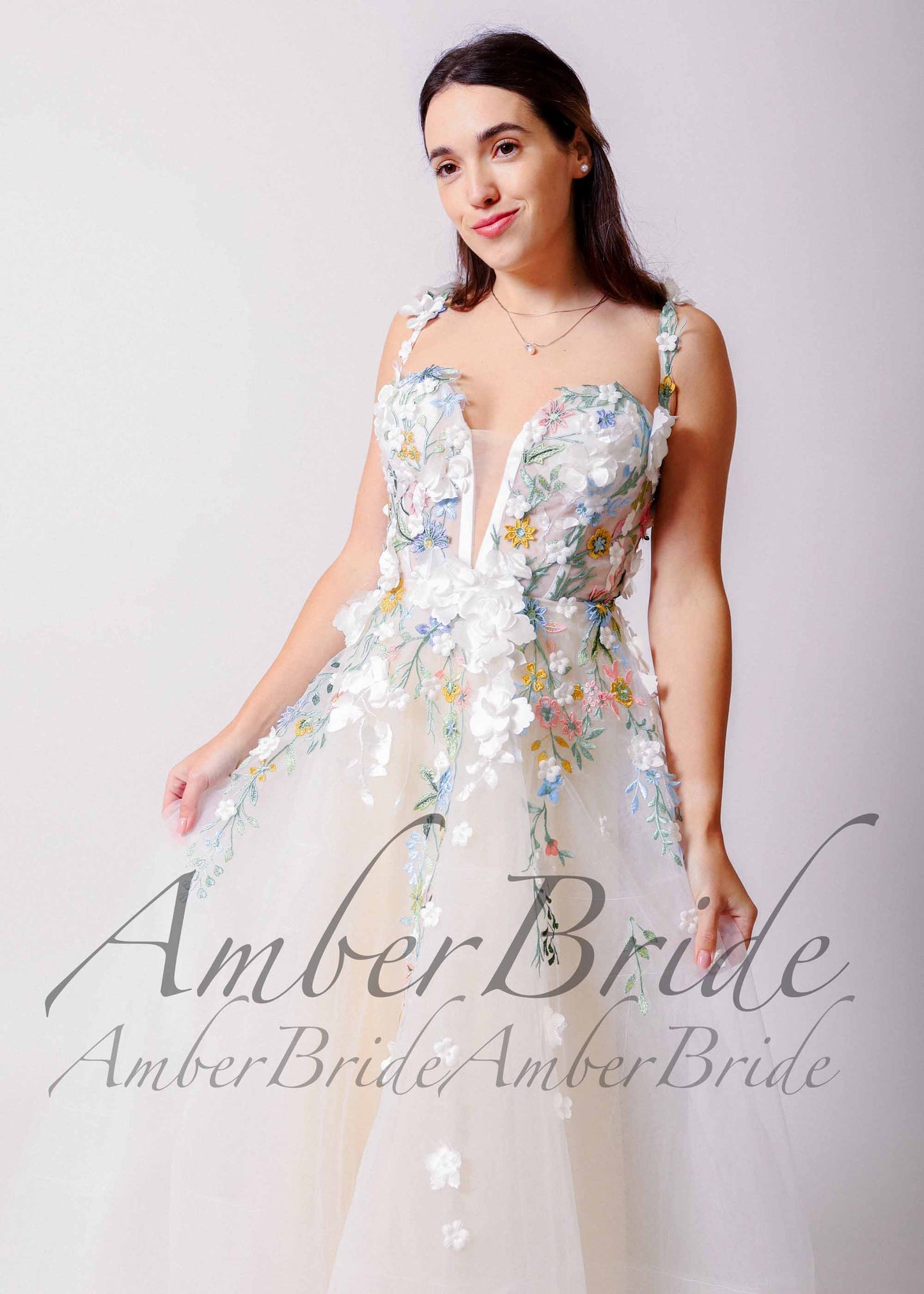 Rustic Floral Wedding Dress with Colorful Wildflower Appliques and Deep V-Neck