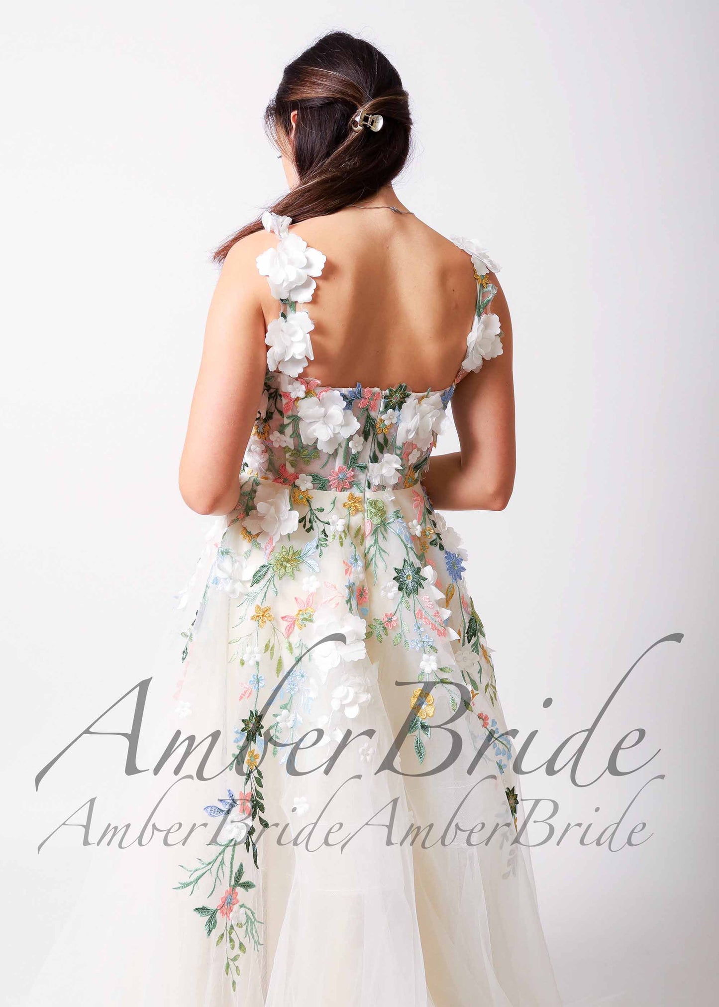 Rustic Floral Wedding Dress with Colorful Wildflower Appliques and Deep V-Neck