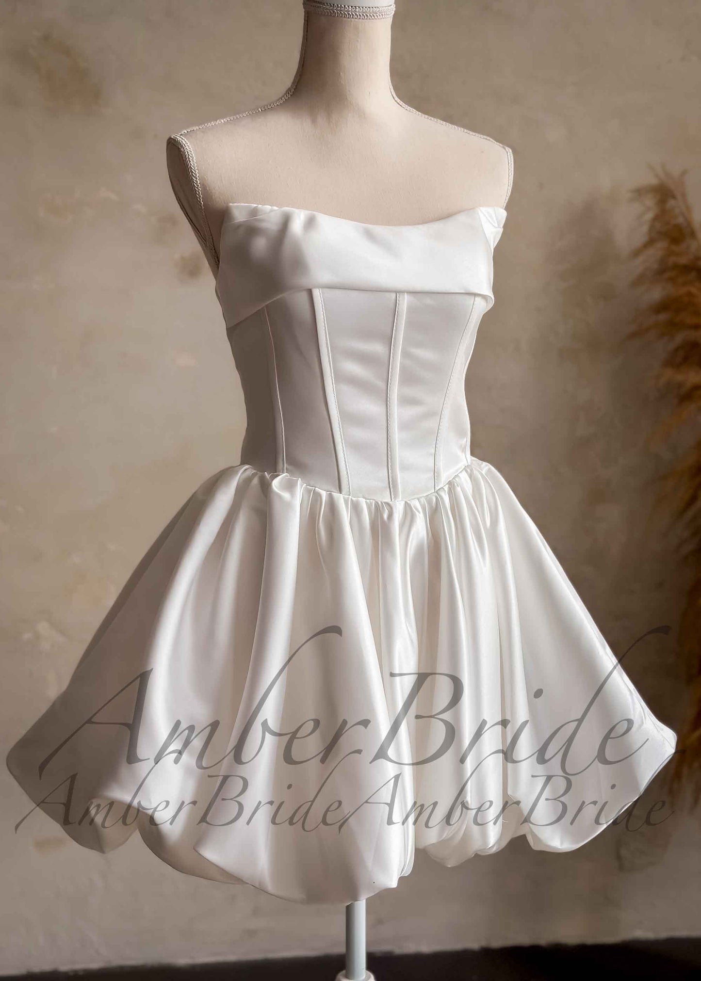 Puffy Knee Length Satin Dress with Strapless Bodice