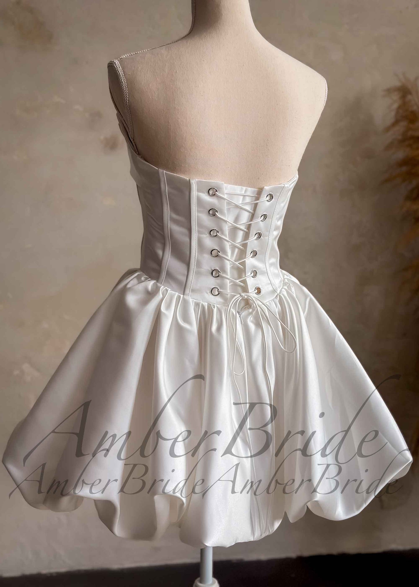 Puffy Knee Length Satin Dress with Strapless Bodice