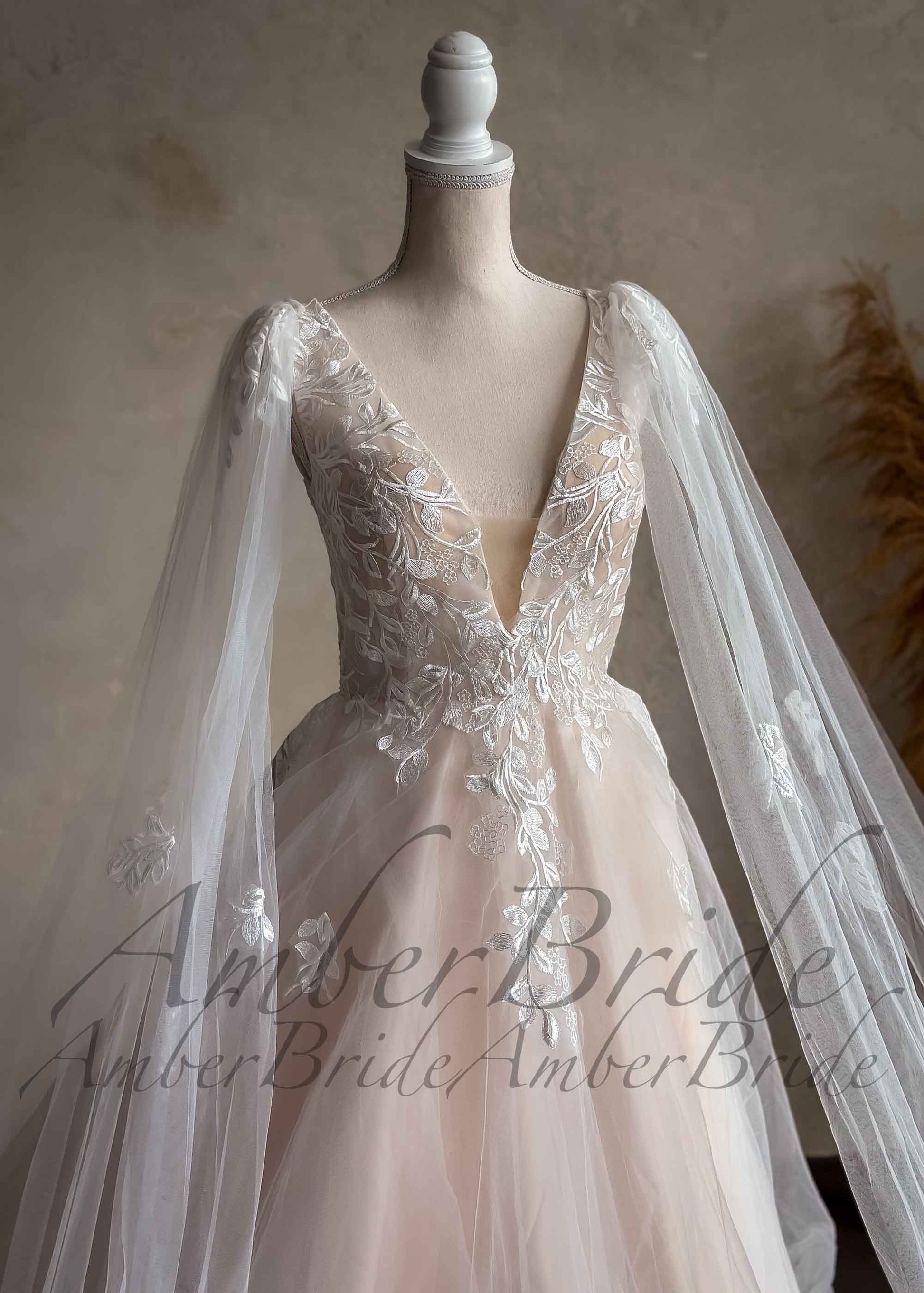 Romantic A Line Floral Design Wedding Dress with Long Cape