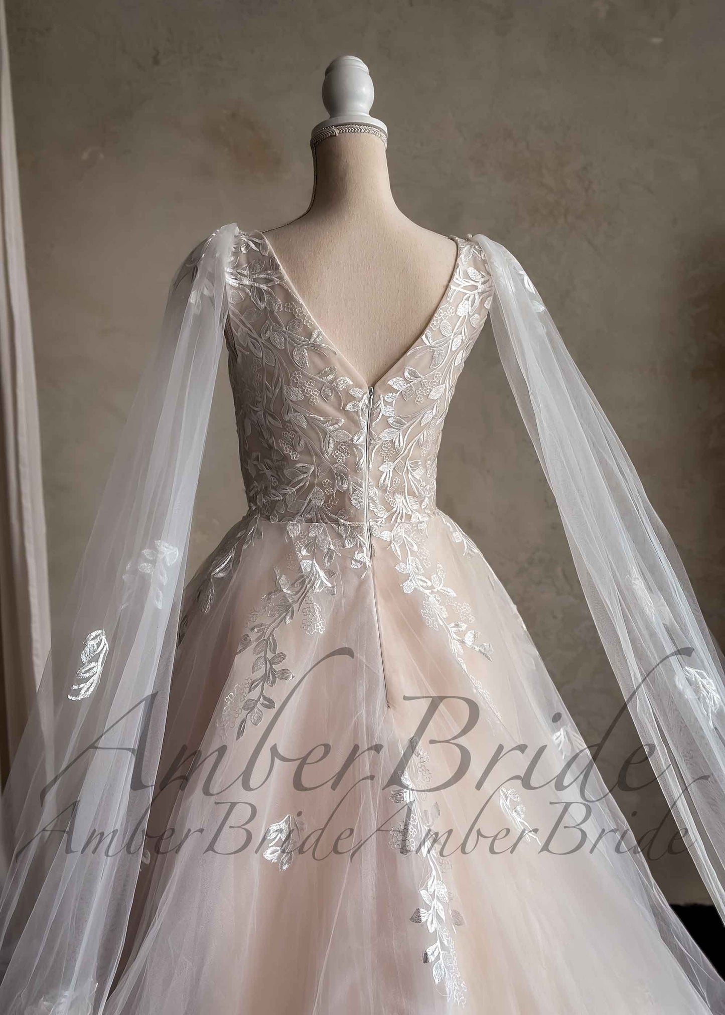 Romantic A Line Floral Design Wedding Dress with Long Cape