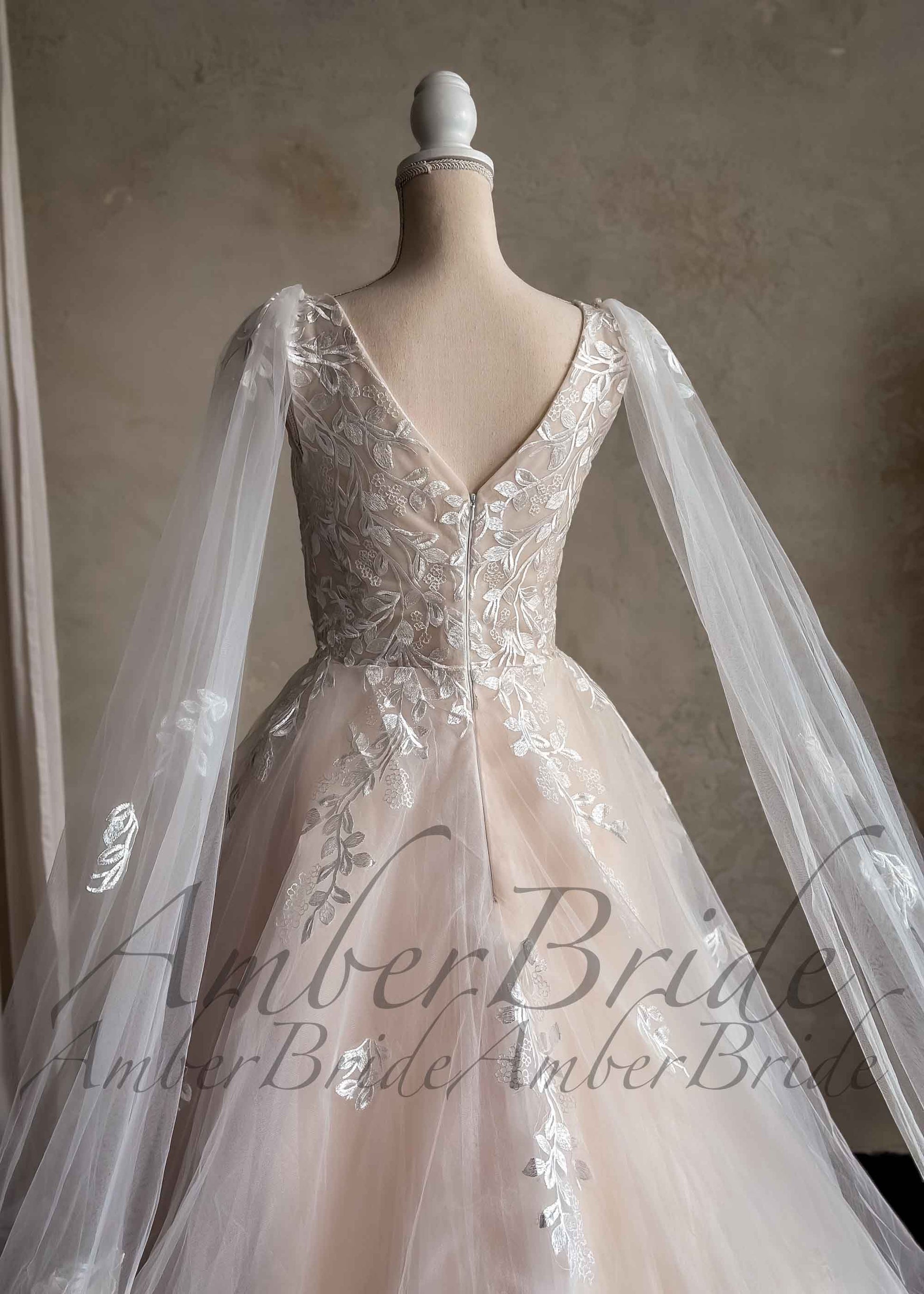 Romantic A Line Floral Design Wedding Dress with Long Cape
