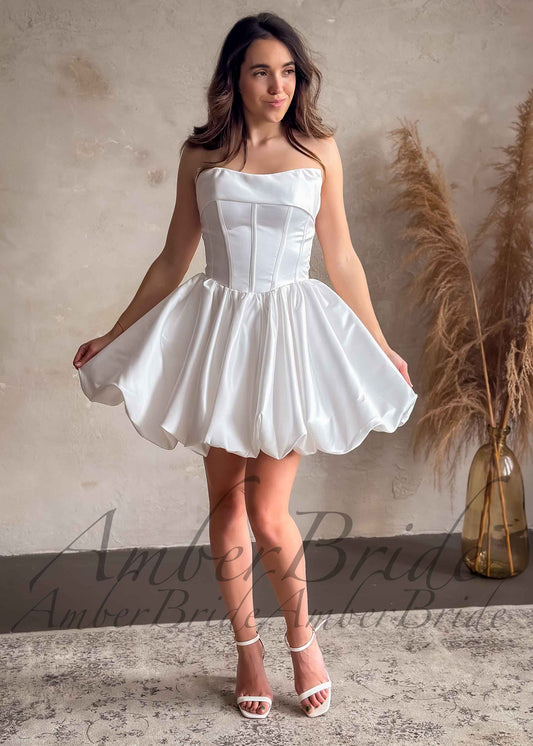 Puffy Knee Length Satin Dress with Strapless Bodice