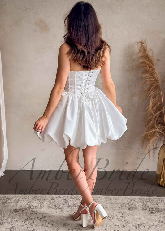 Puffy Knee Length Satin Dress with Strapless Bodice
