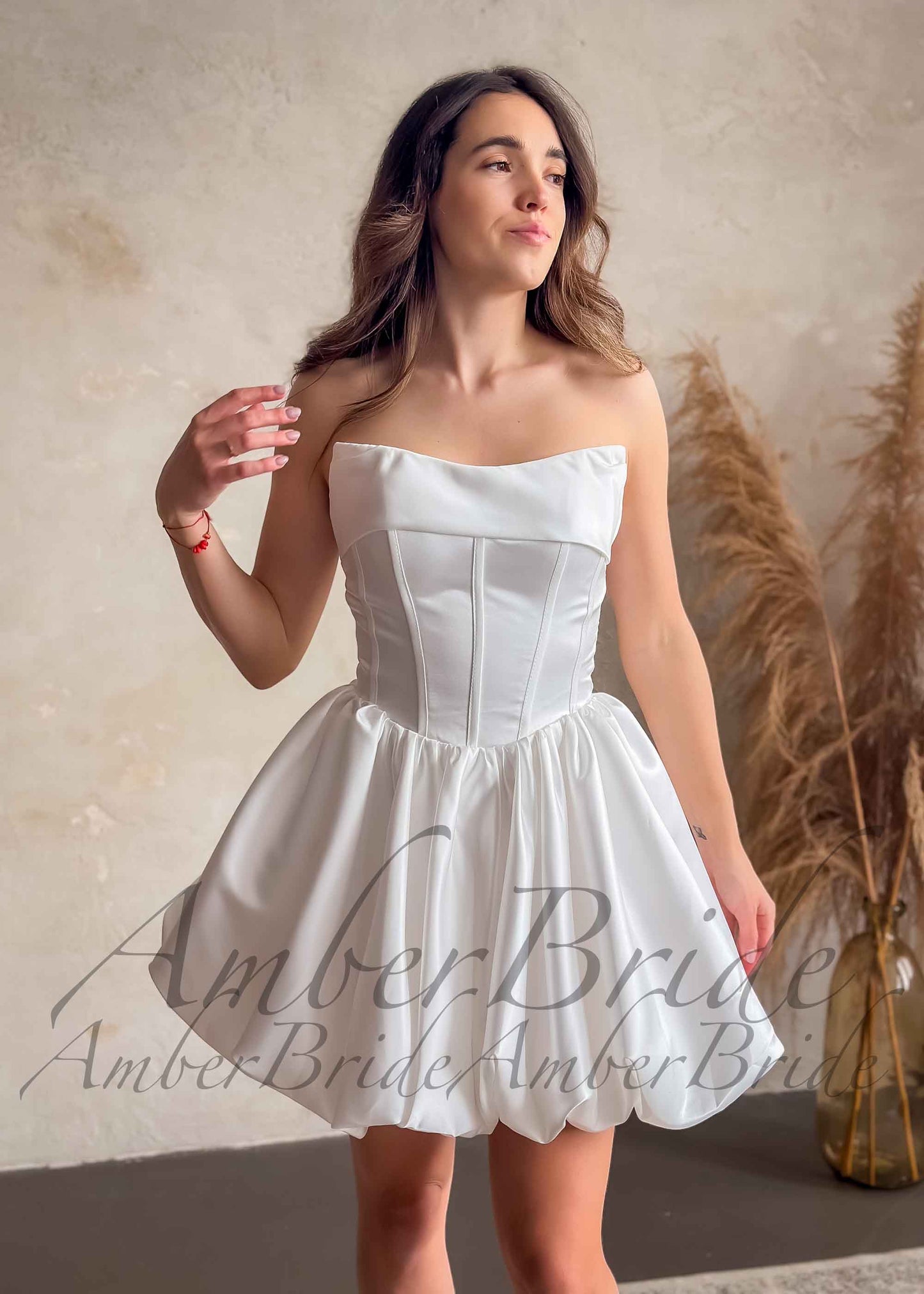 Puffy Knee Length Satin Dress with Strapless Bodice