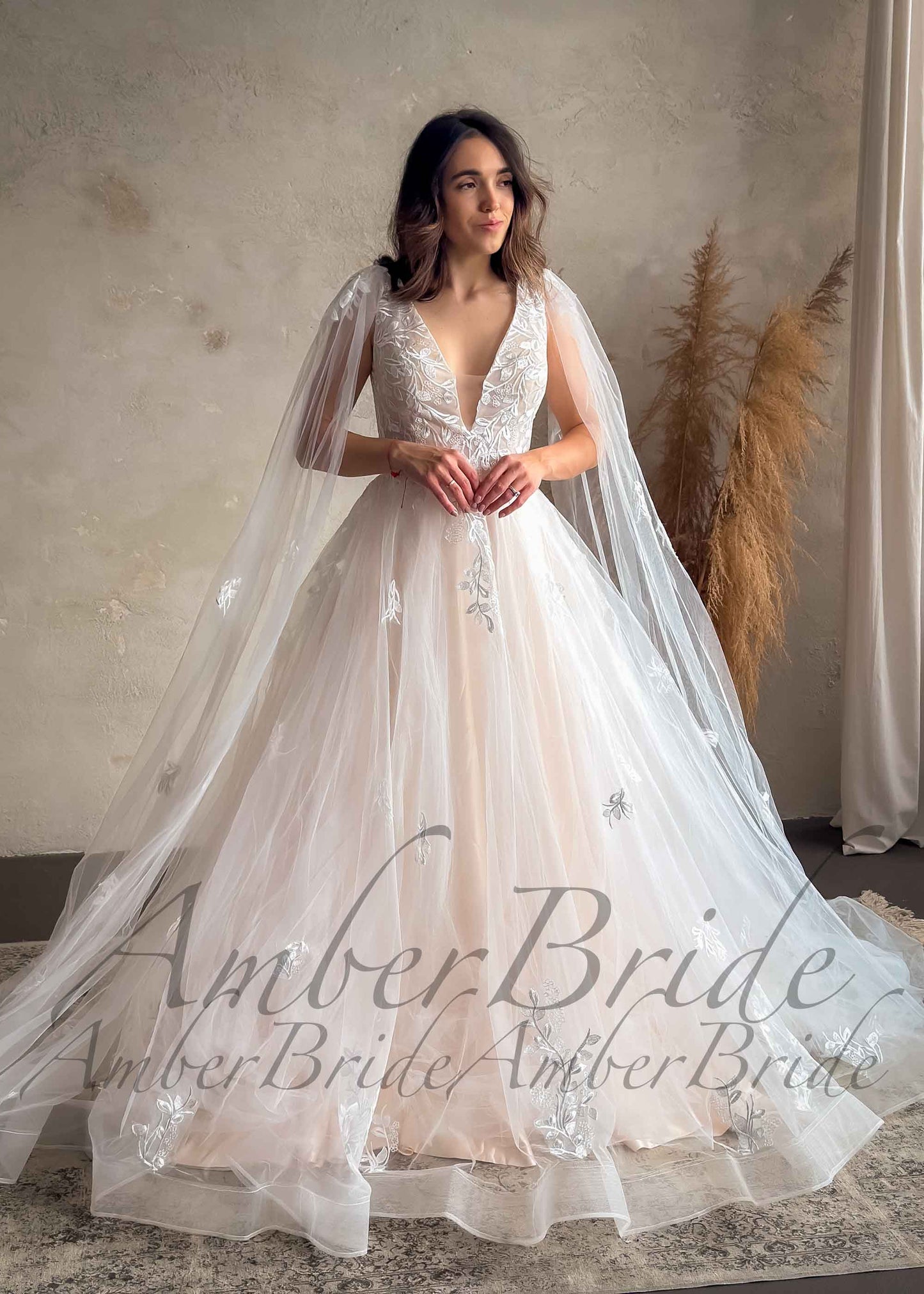 Romantic A Line Floral Design Wedding Dress with Long Cape