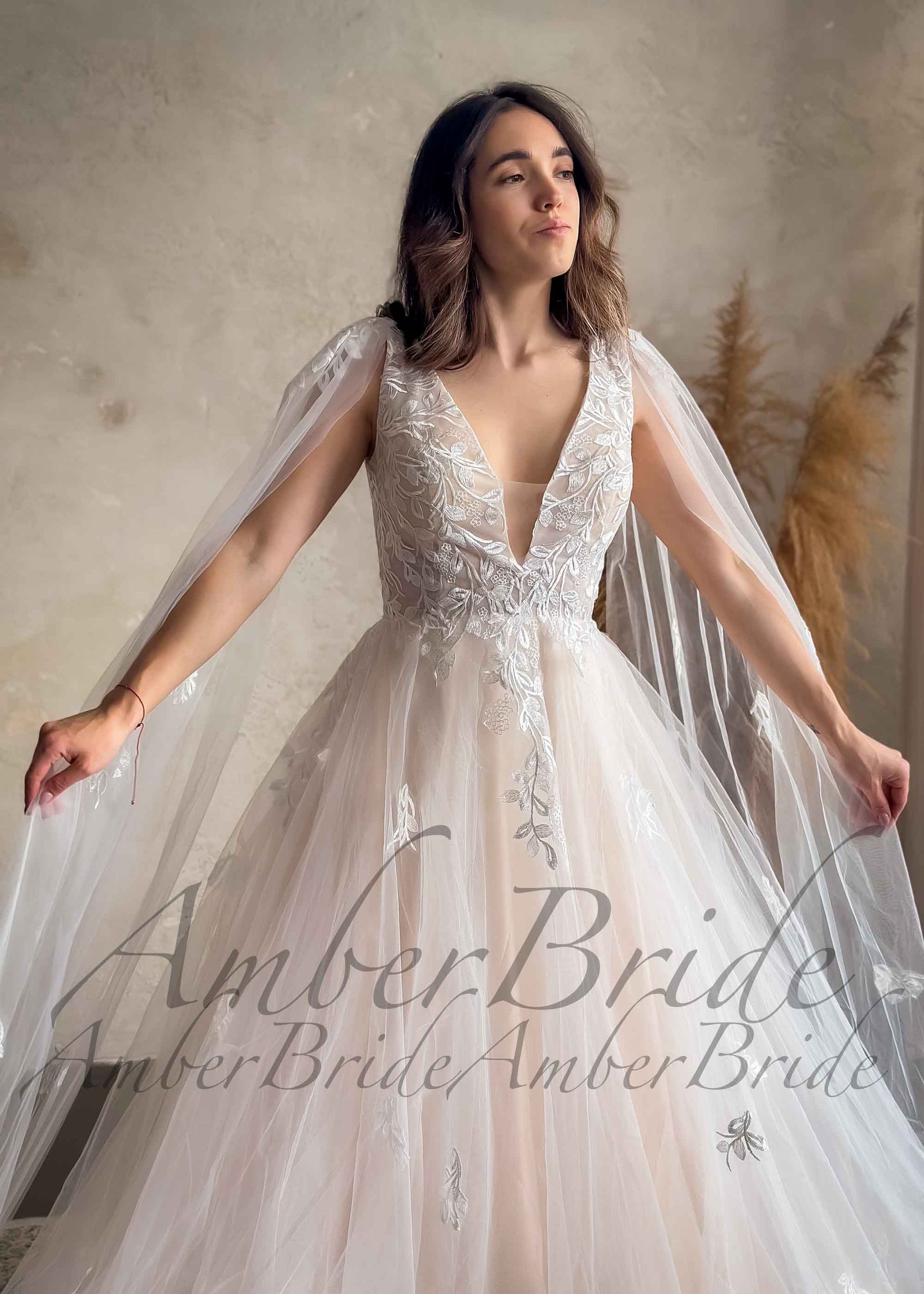 Romantic A Line Floral Design Wedding Dress with Long Cape