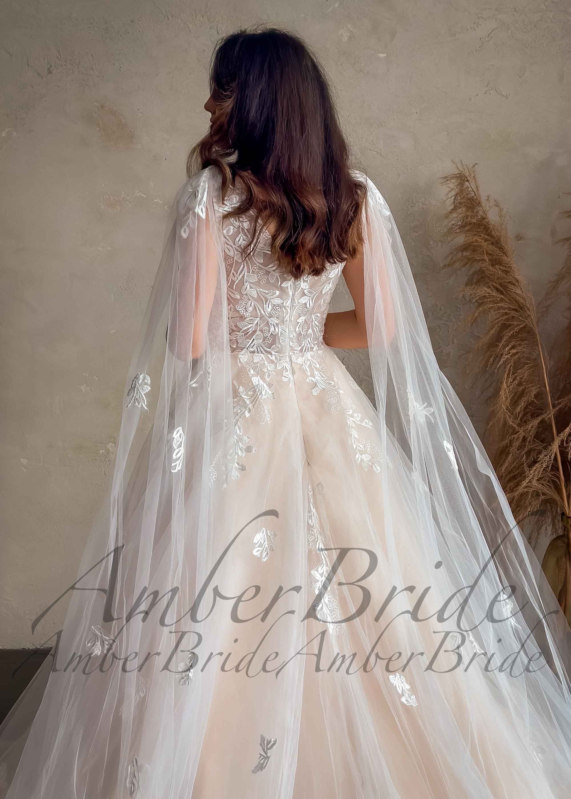 Romantic A Line Floral Design Wedding Dress with Long Cape