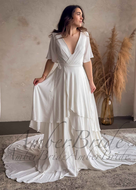 Medieval Style Layered Chiffon Wedding Dress with Flutter Sleeve