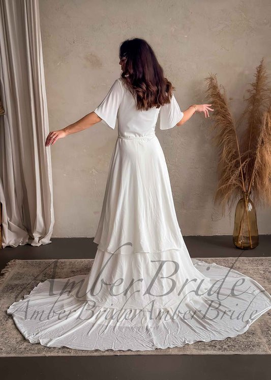Medieval Style Layered Chiffon Wedding Dress with Flutter Sleeves – back view | AmberBride