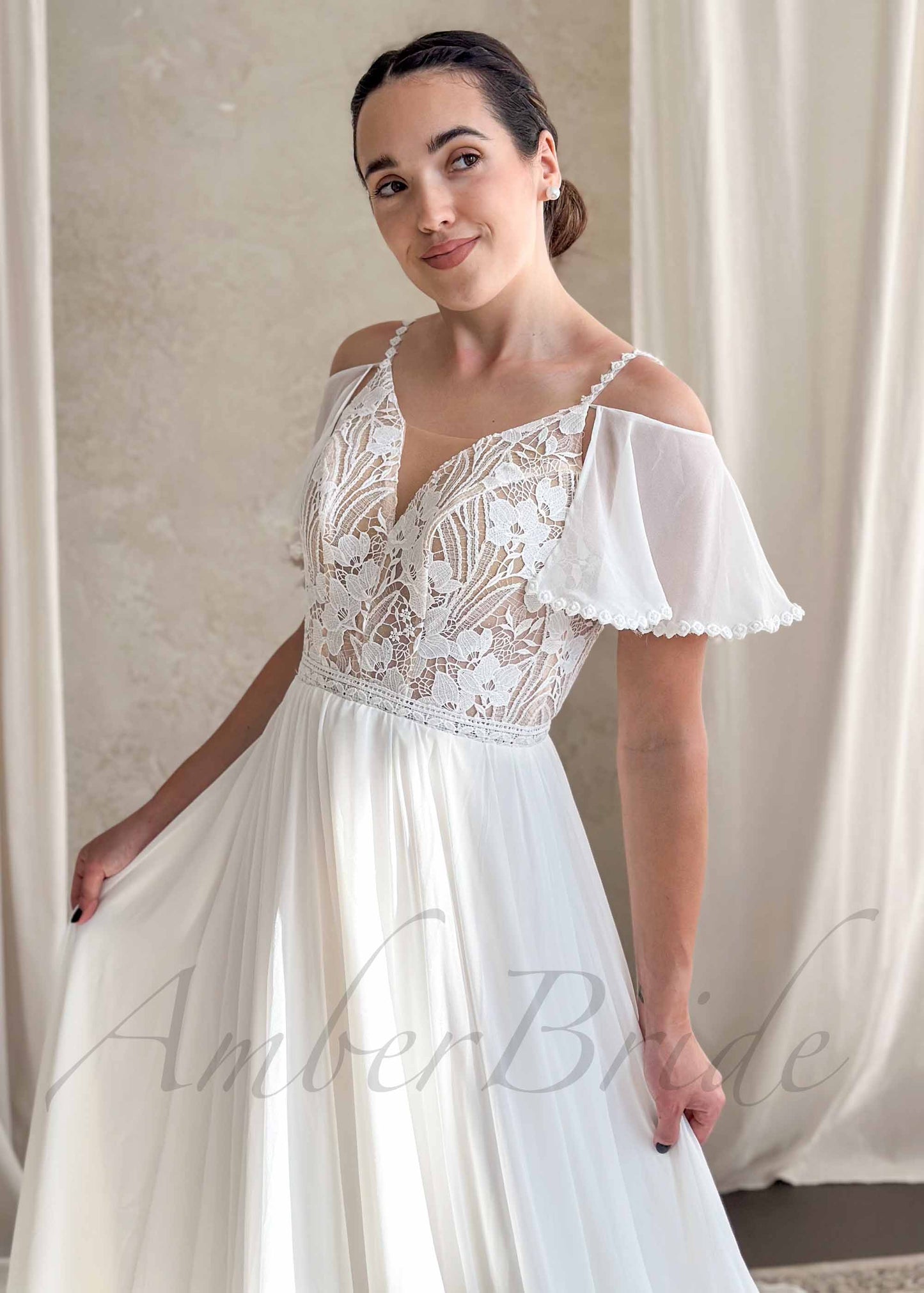 Boho Chiffon Wedding Dress with Flutter Sleeve and Floral Lace Bodice