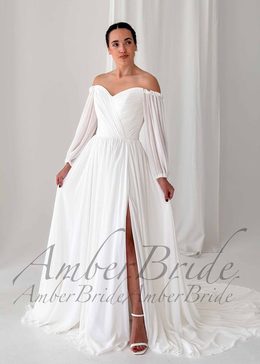 Elegant A Line Wedding Dress with Folder Chiffon Bodice and Flowy Long Train