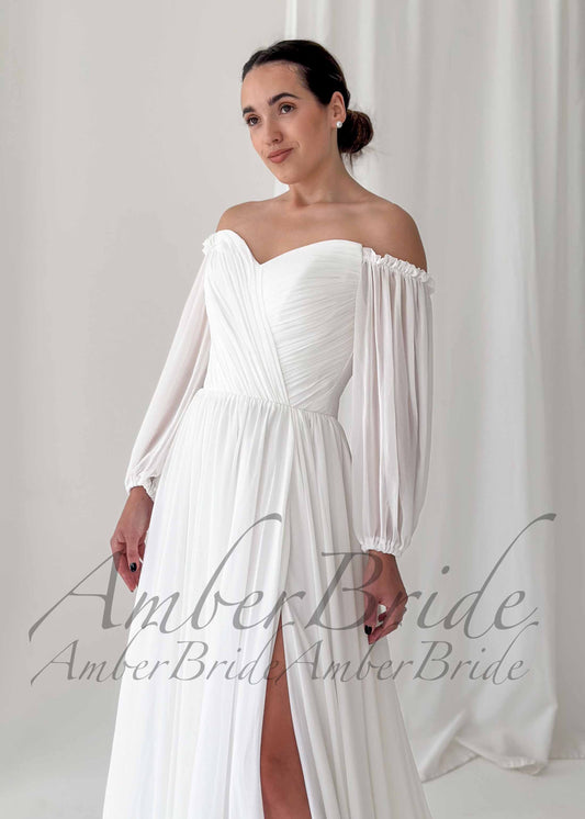 Elegant A Line Wedding Dress with Folder Chiffon Bodice and Flowy Long Train