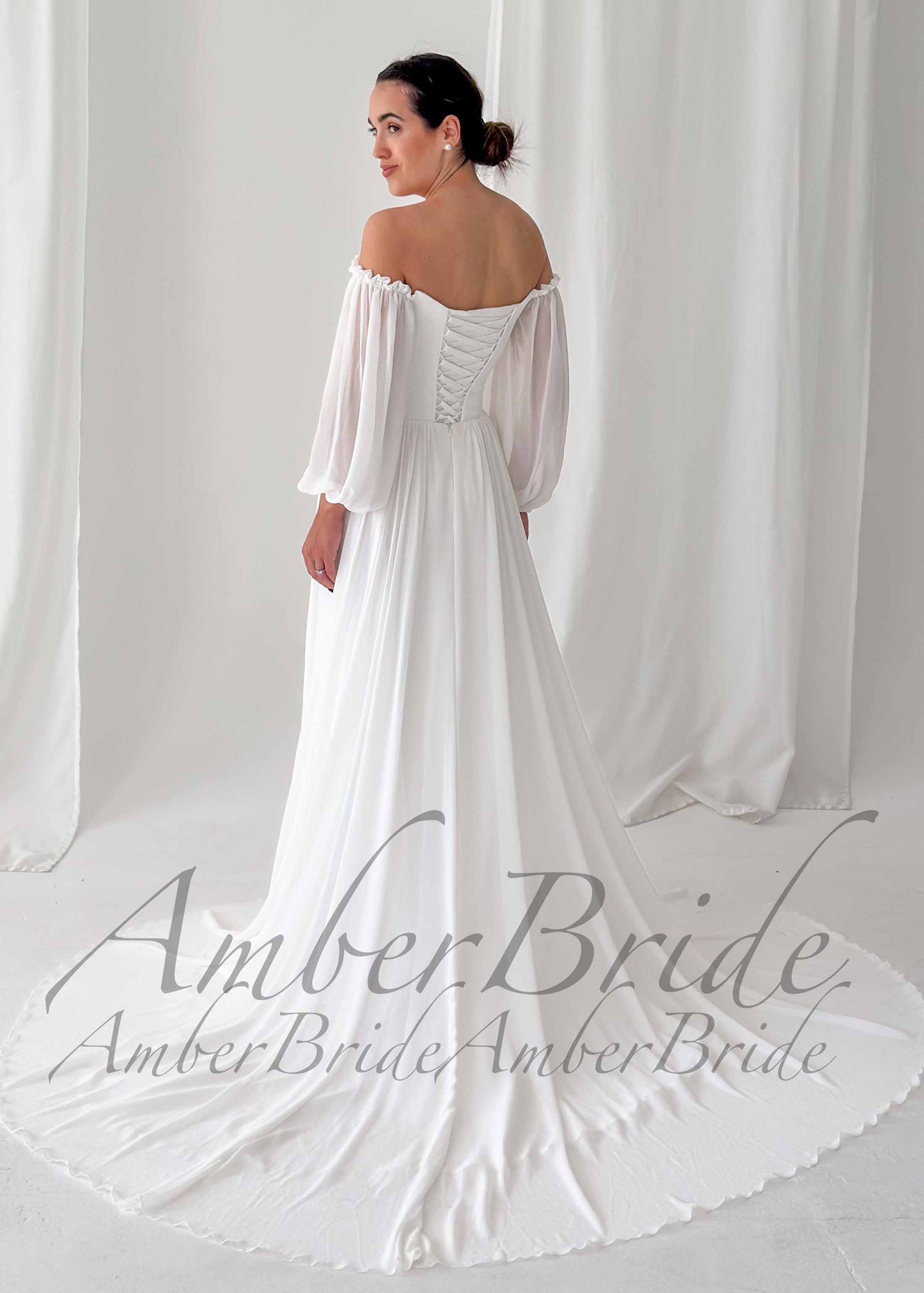Elegant A Line Wedding Dress with Folder Chiffon Bodice and Flowy Long Train