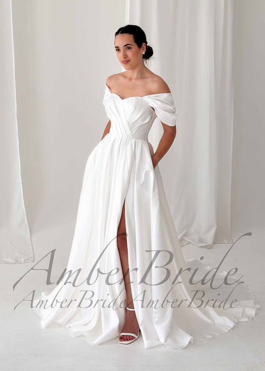 Classy Satin A Line Off Shoulder Wedding Dress with High Slit