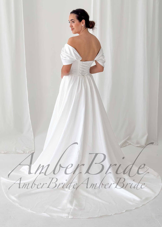 Classy Satin A Line Off Shoulder Wedding Dress with High Slit