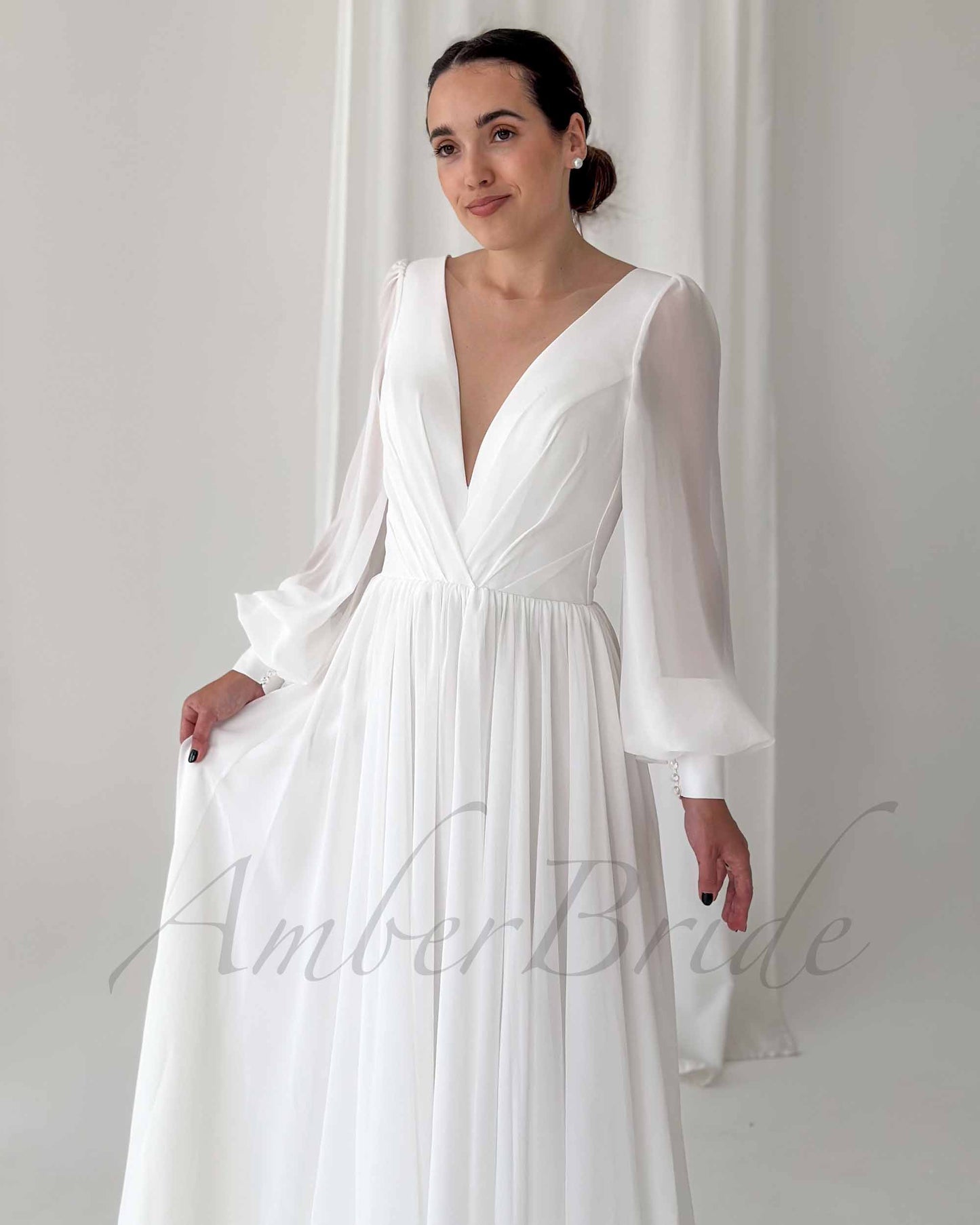 STOCK SELL-OUT: Classy A Line Wedding Dress with Deep V Neckline and Long Sleeves