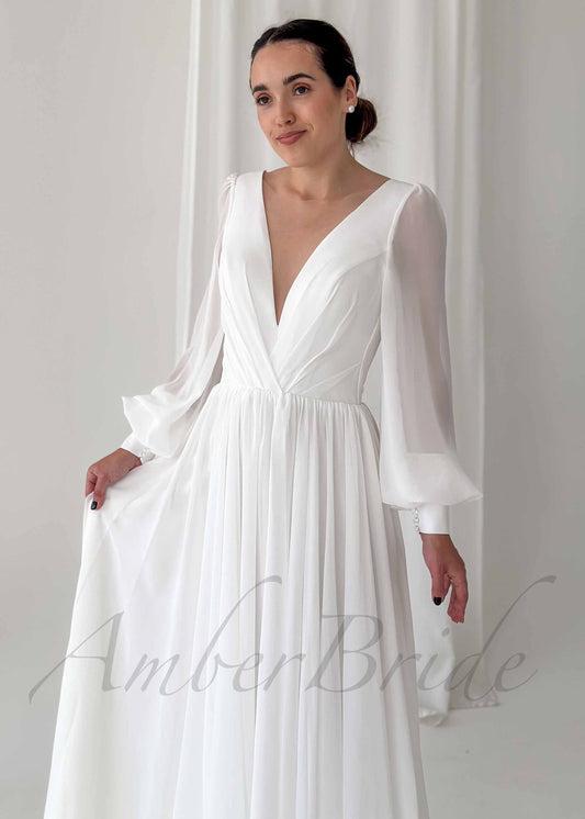 Classy A Line Wedding Dress with Deep V Neckline and Long Sleeves