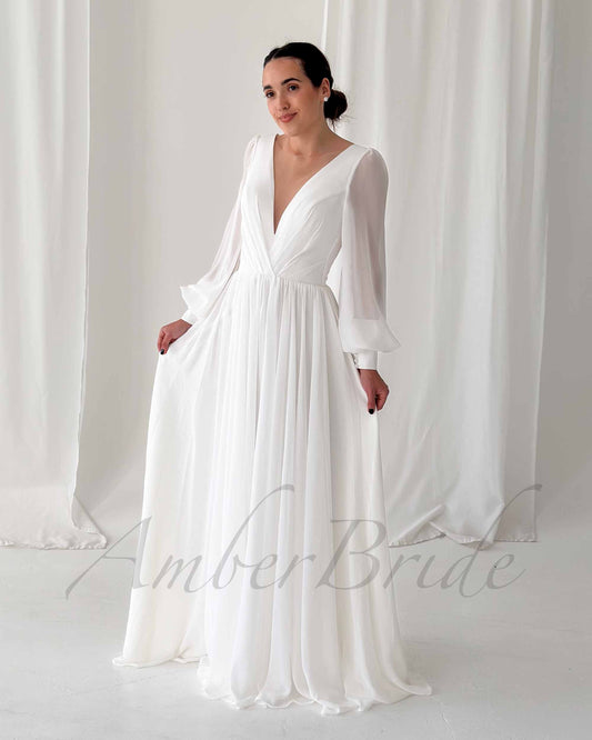 STOCK SELL-OUT: Classy A Line Wedding Dress with Deep V Neckline and Long Sleeves