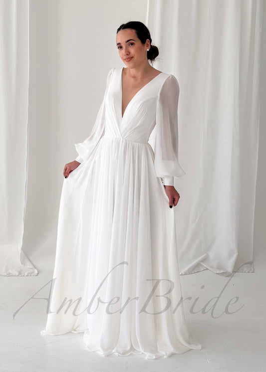 Classy A Line Wedding Dress with Deep V Neckline and Long Sleeves