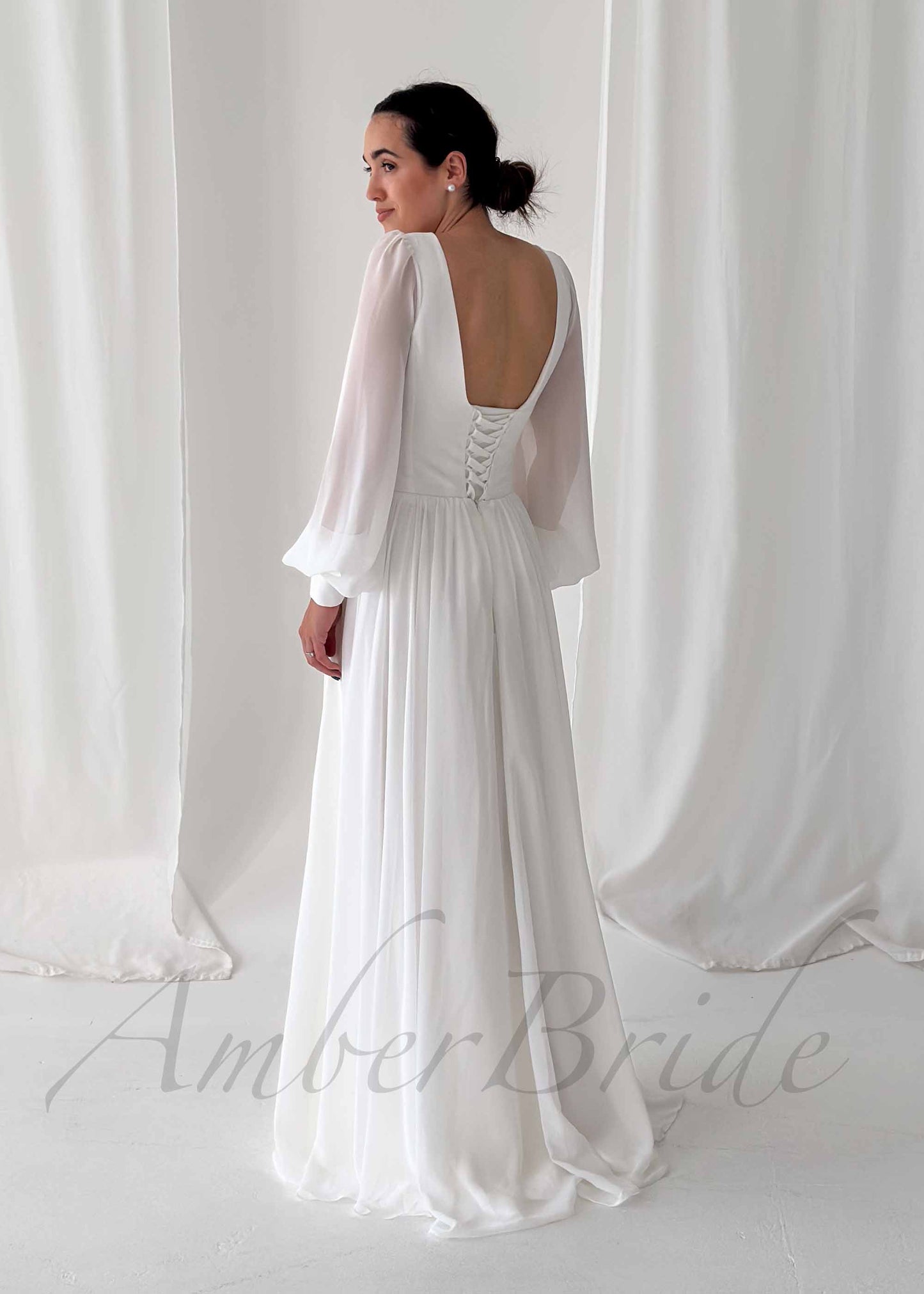 Classy A Line Wedding Dress with Deep V Neckline and Long Sleeves