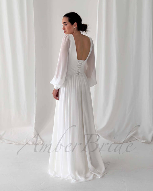 STOCK SELL-OUT: Classy A Line Wedding Dress with Deep V Neckline and Long Sleeves