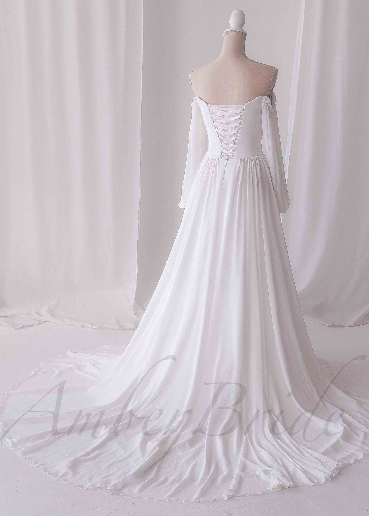 Elegant A Line Wedding Dress with Folder Chiffon Bodice and Flowy Long Train