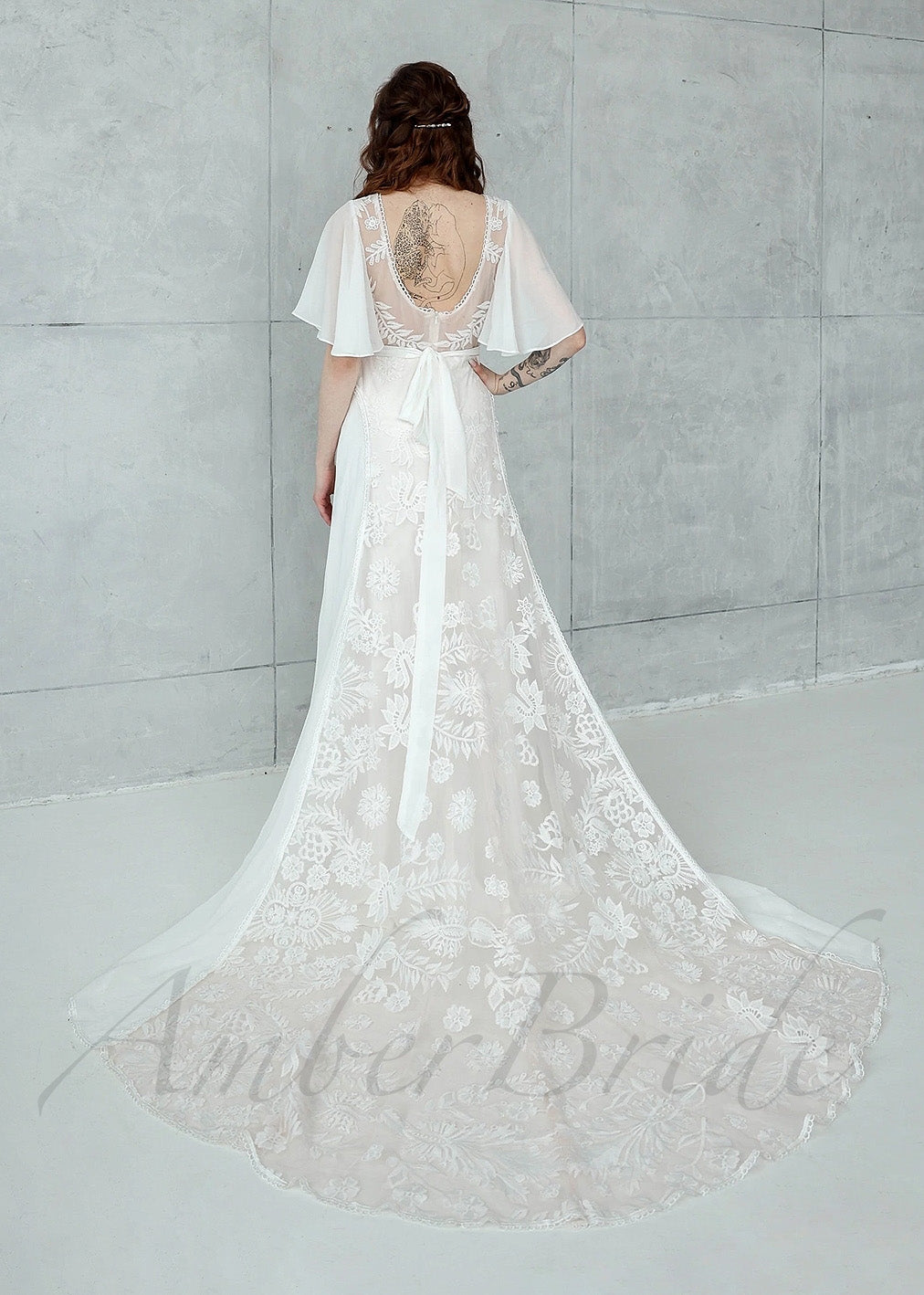 Boho A-Line Chiffon Wedding Dress with Lace Flowers, Cape Sleeve