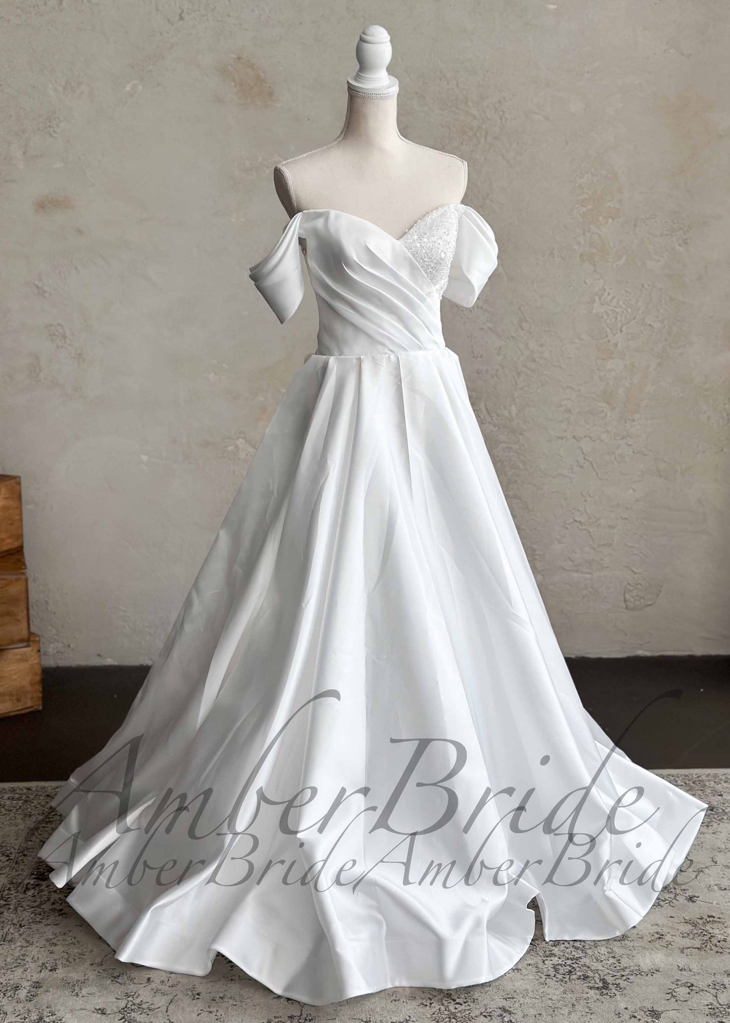 STOCK SELL-OUT: Satin Wedding Dress with Off-Shoulder Draping and Beaded Corset Bodice