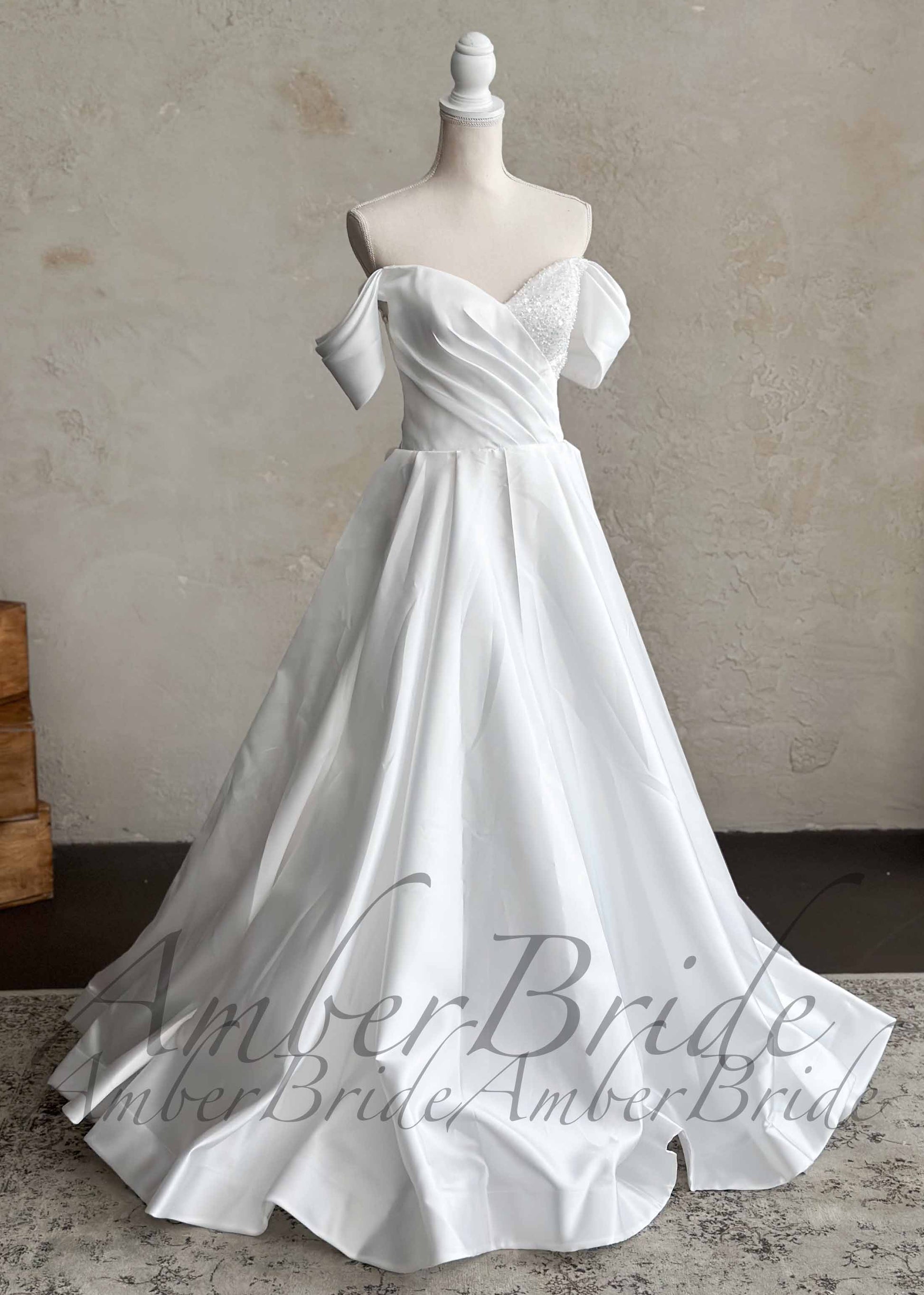 STOCK SELL-OUT: Satin Wedding Dress with Off-Shoulder Draping and Beaded Corset Bodice