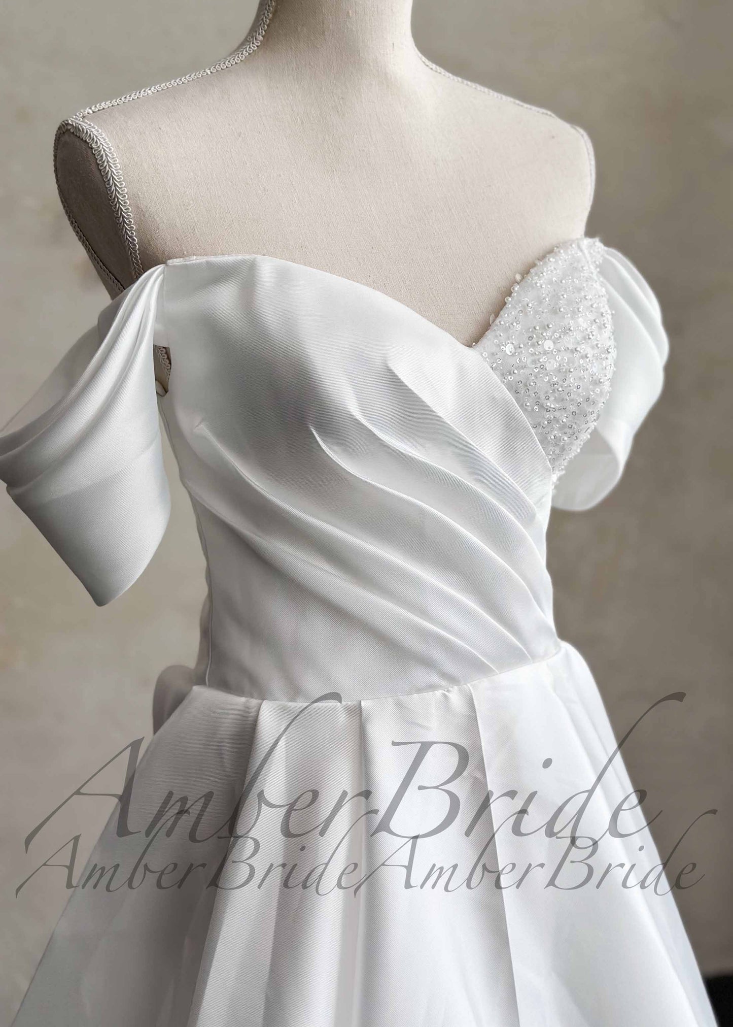 STOCK SELL-OUT: Satin Wedding Dress with Off-Shoulder Draping and Beaded Corset Bodice