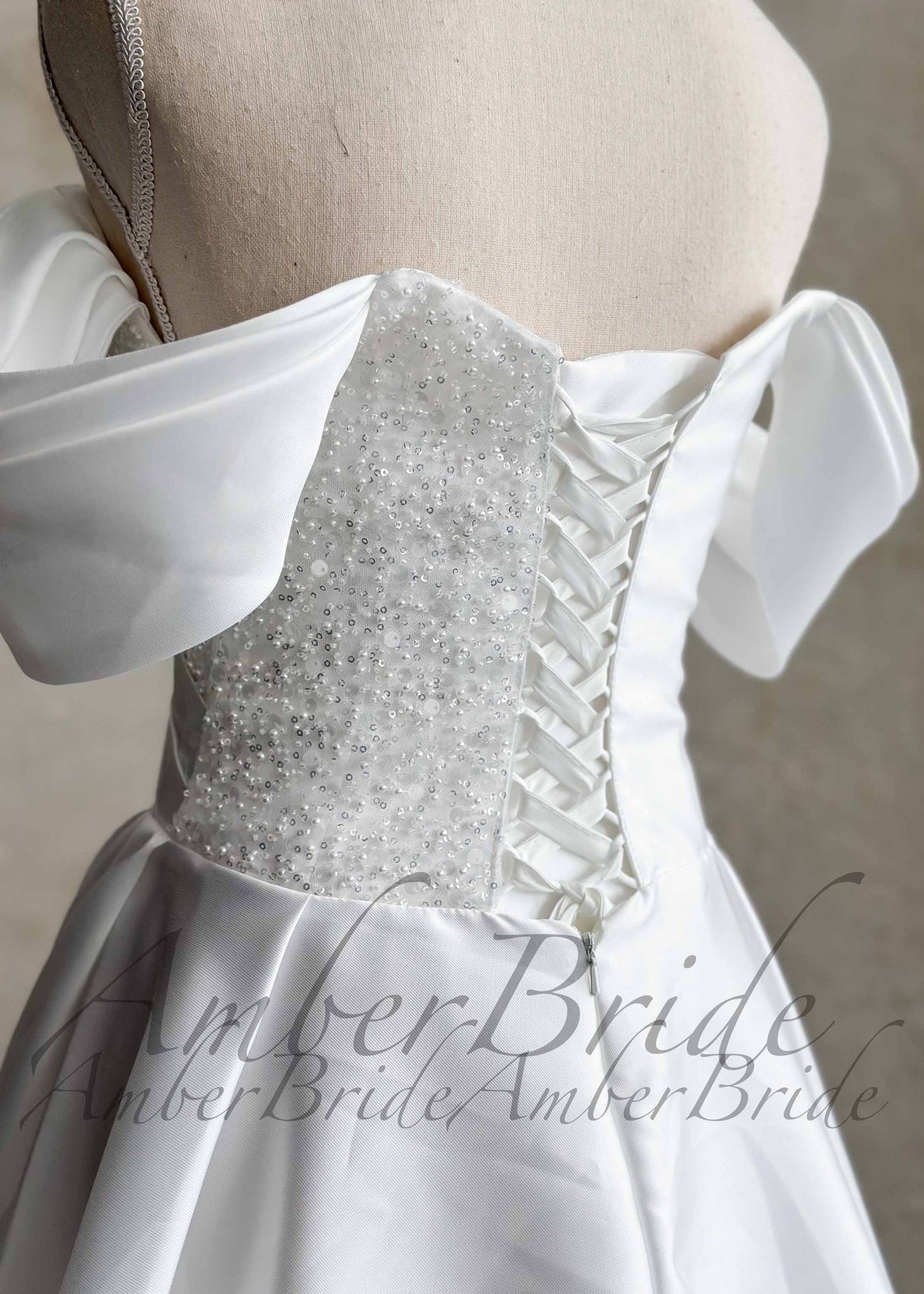 STOCK SELL-OUT: Satin Wedding Dress with Off-Shoulder Draping and Beaded Corset Bodice