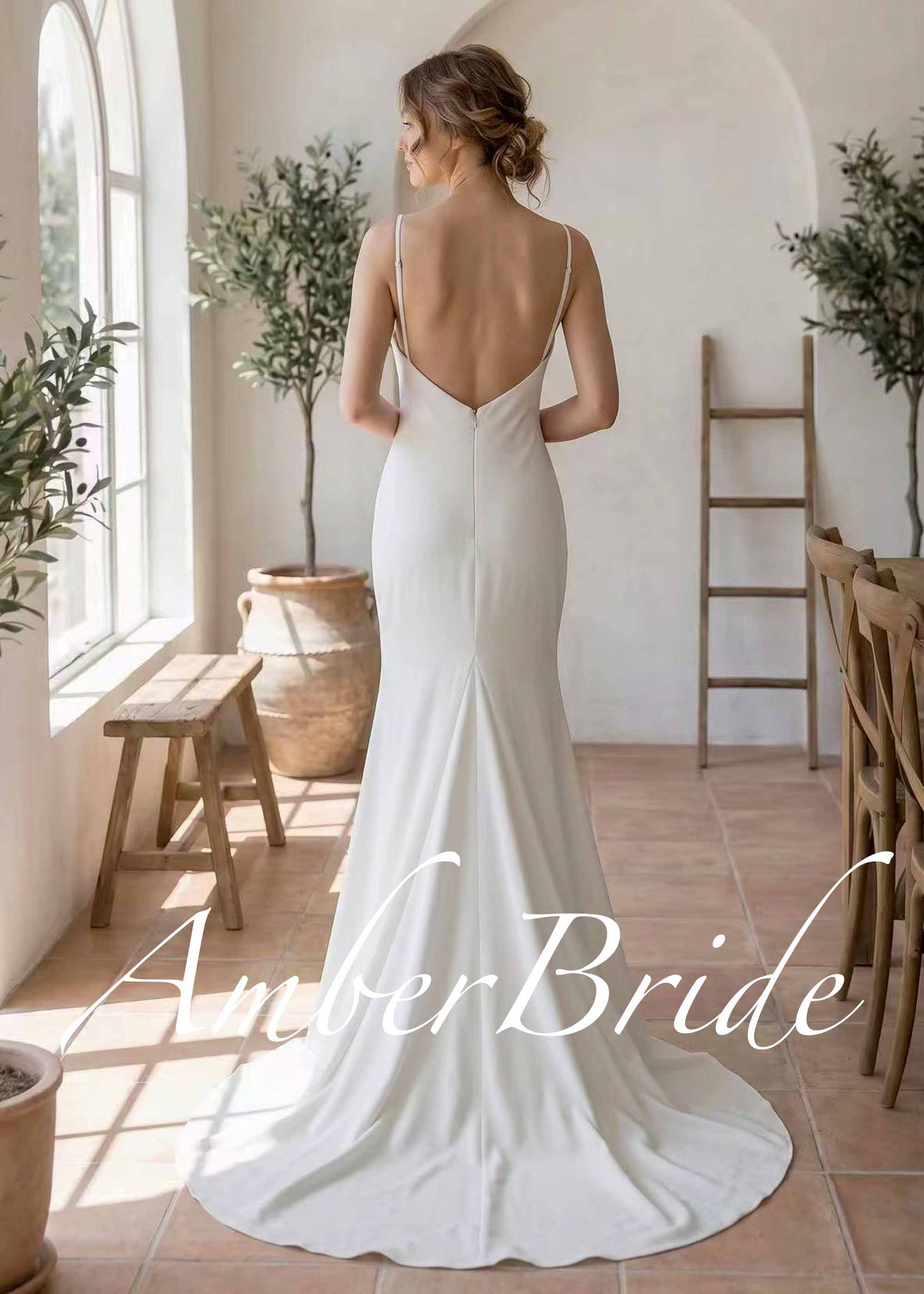 Minimalist Crepe Mermaid Wedding Dress with Spaghetti Straps, V-Neck and Low Open Back