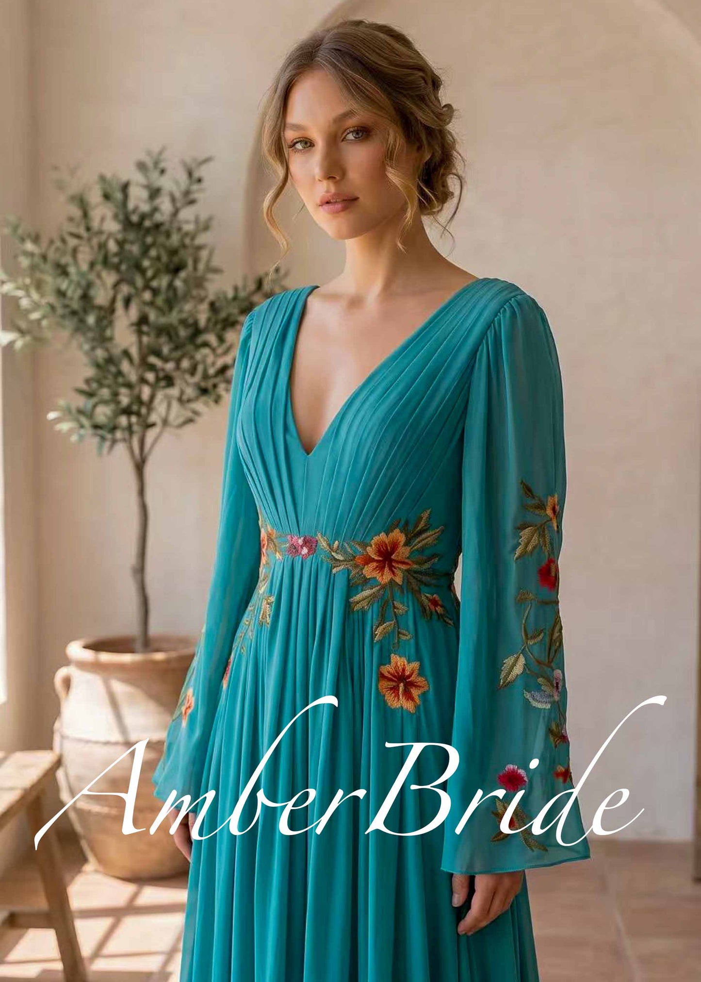 Teal Floral Embroidered Chiffon A-Line Wedding Dress with Long Bell Sleeves and Open V-Back