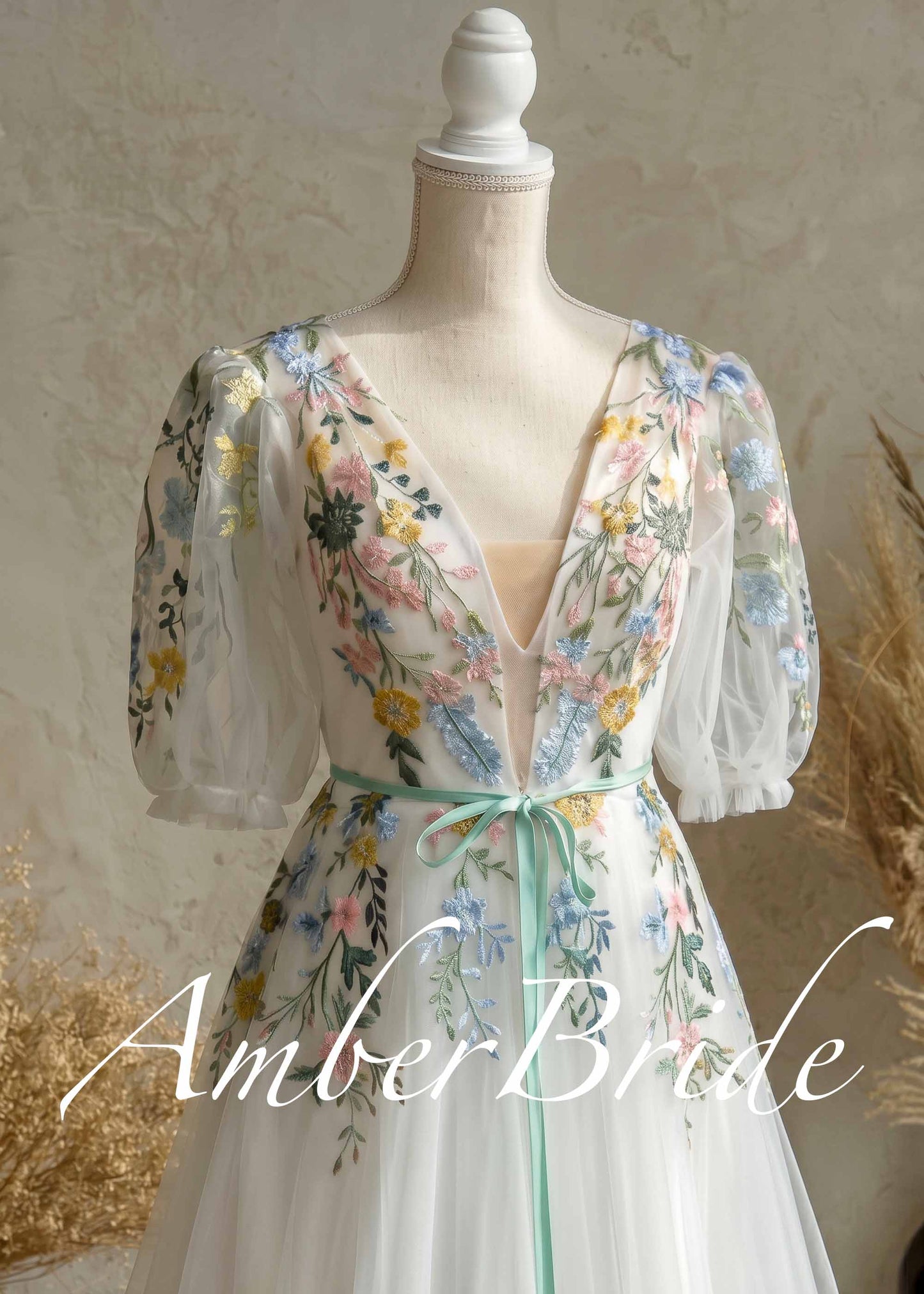 Floral Embroidered Tulle A-Line Wedding Dress with Deep V-Neck, Puff Sleeves and Ribbon Sash