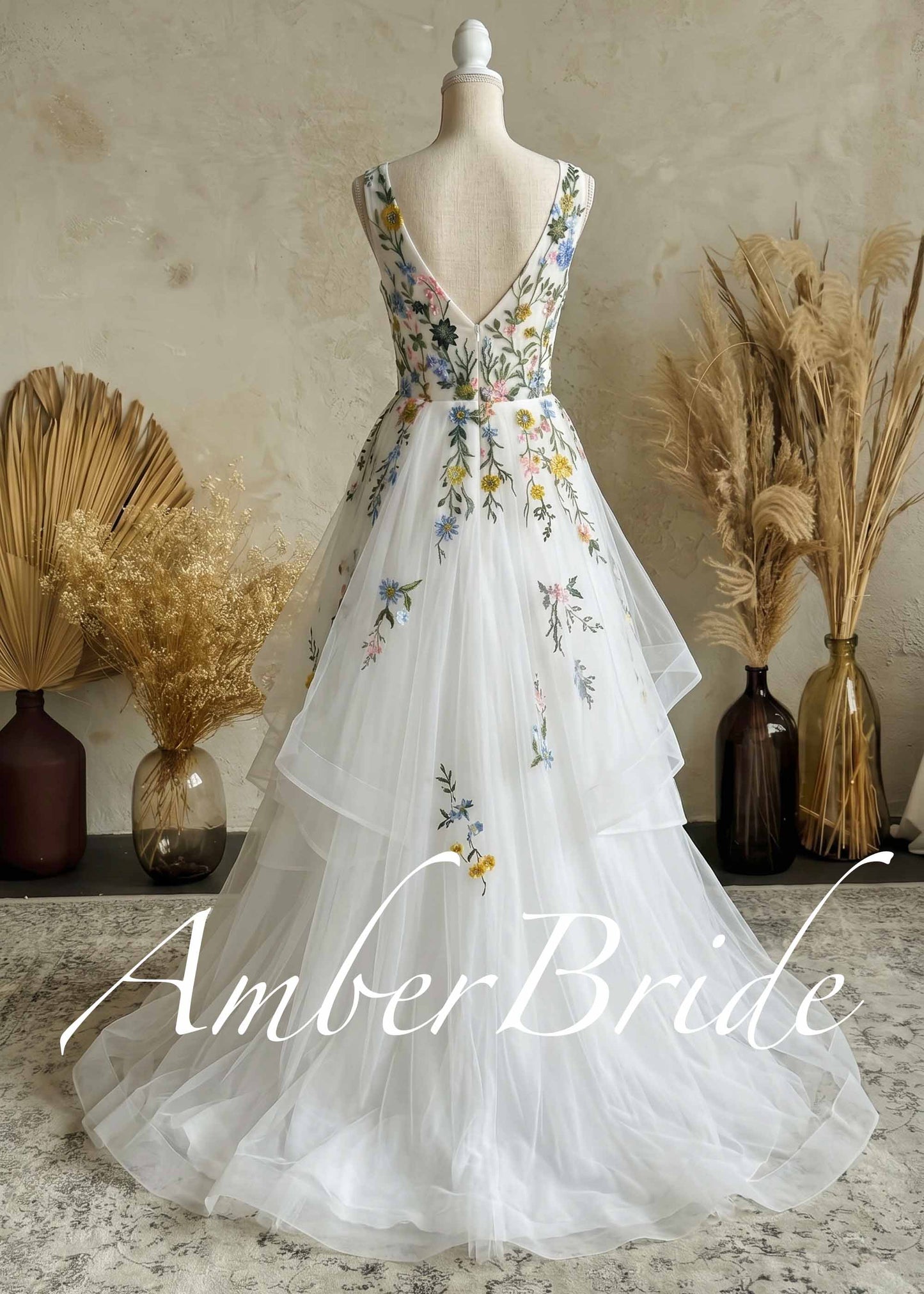 Floral Embroidered Tulle Ball Gown Wedding Dress with Tiered Ruffle Skirt and V-Back