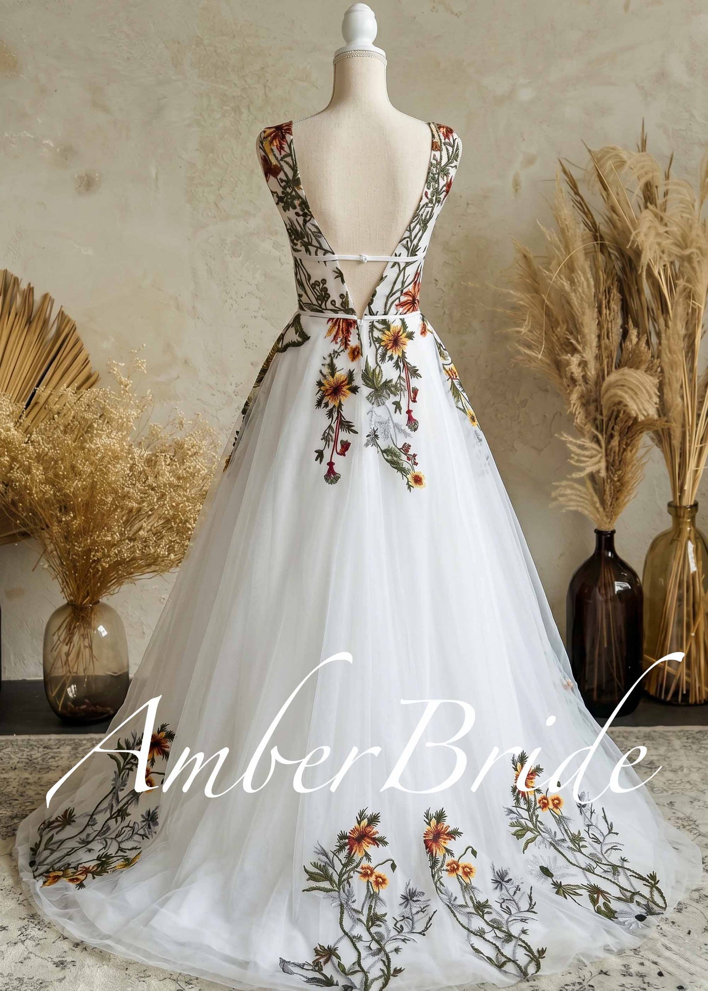 Wildflower Embroidered Tulle A-Line Wedding Dress with V-Neck and Open Back