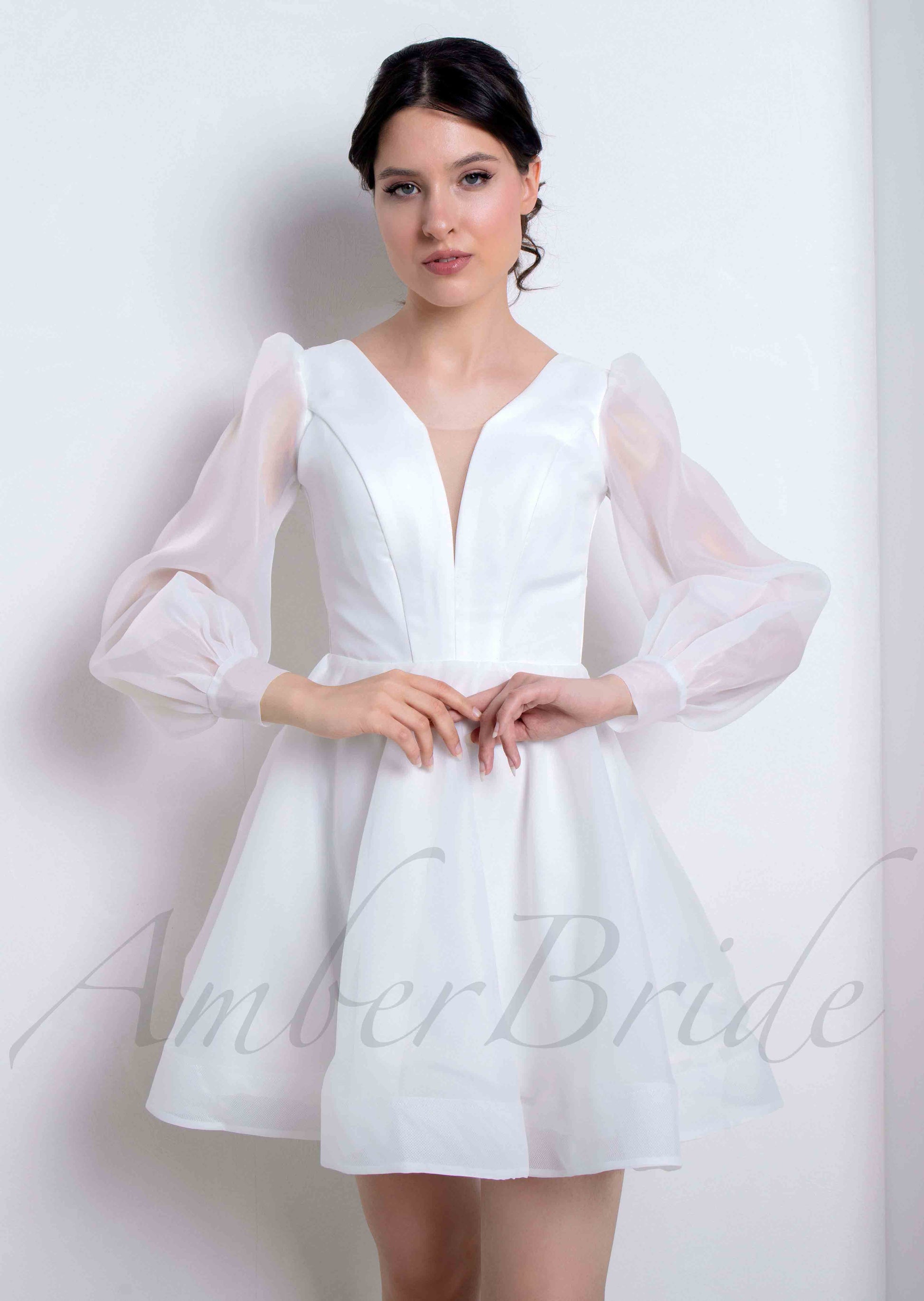 Elegant Knee Length Organza Dress with Long Puffy Sleeve