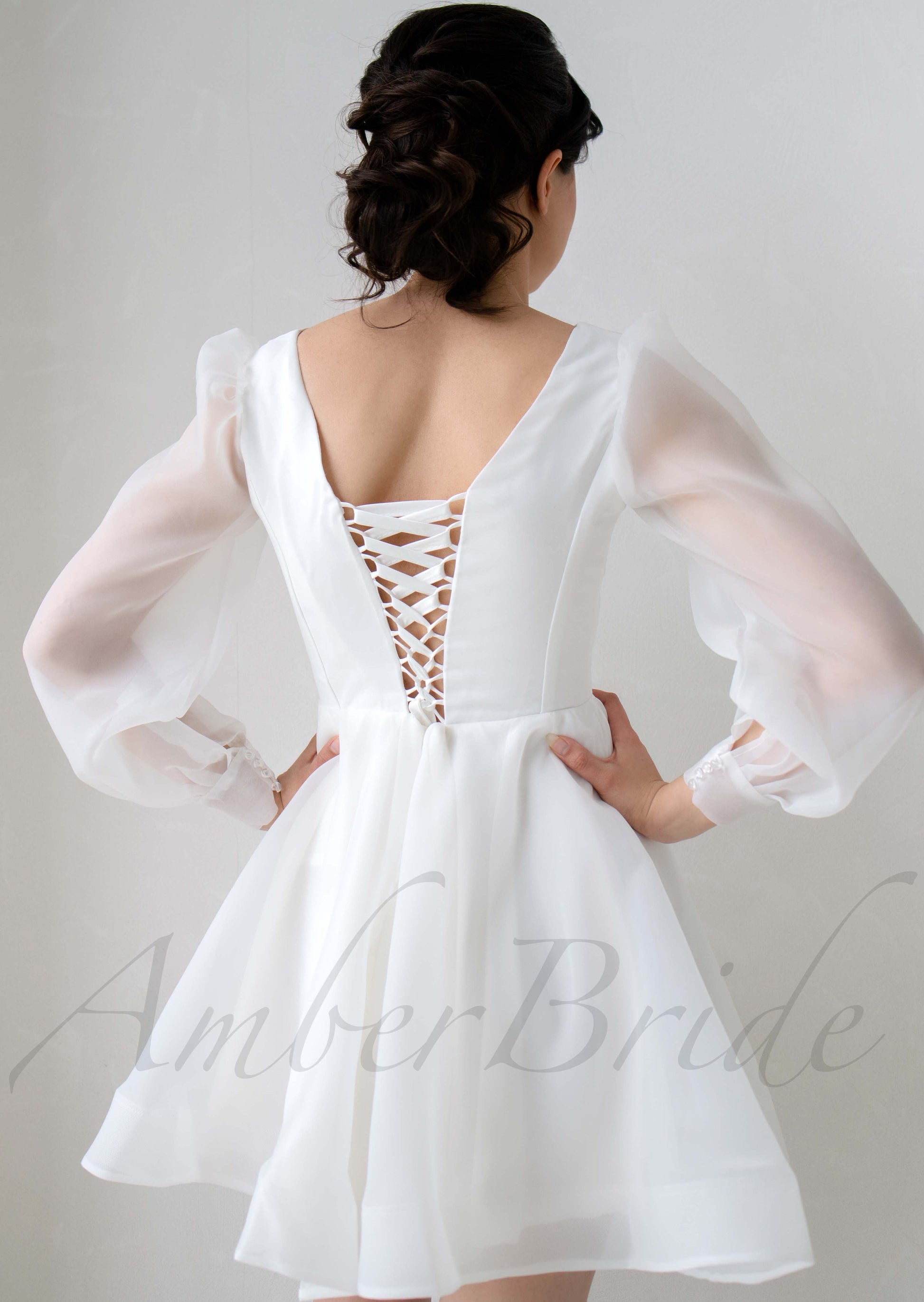 Elegant Knee Length Organza Dress with Long Puffy Sleeve