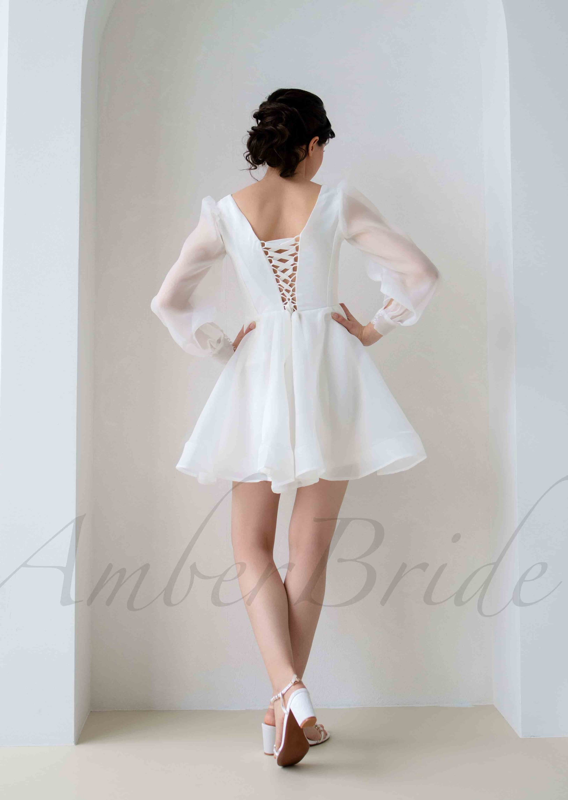 Elegant Knee Length Organza Dress with Long Puffy Sleeve