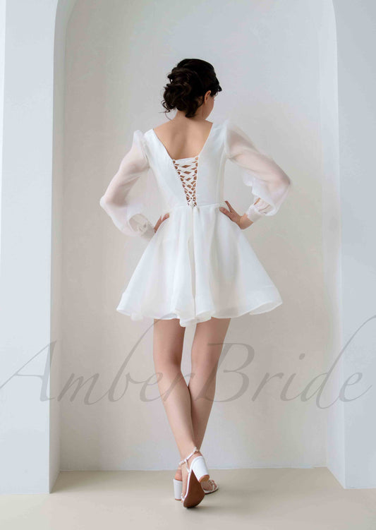 Elegant Knee Length Organza Dress with Long Puffy Sleeve