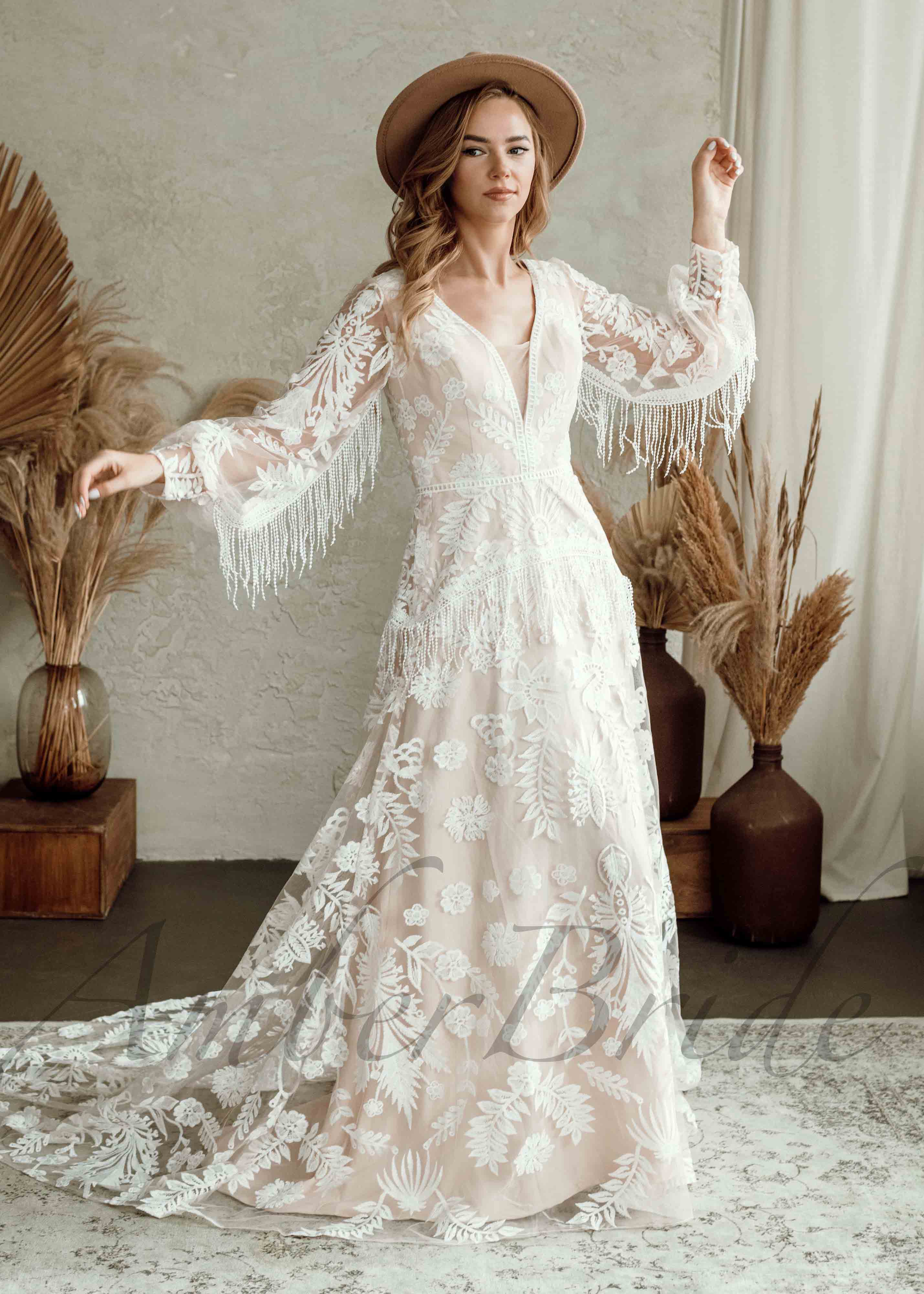 Boho A-Line Lace Wedding Dress with Long Tassel Sleeves | AmberBride Boho A-Line Lace Wedding Dress with Long Tassel Sleeves | AmberBride