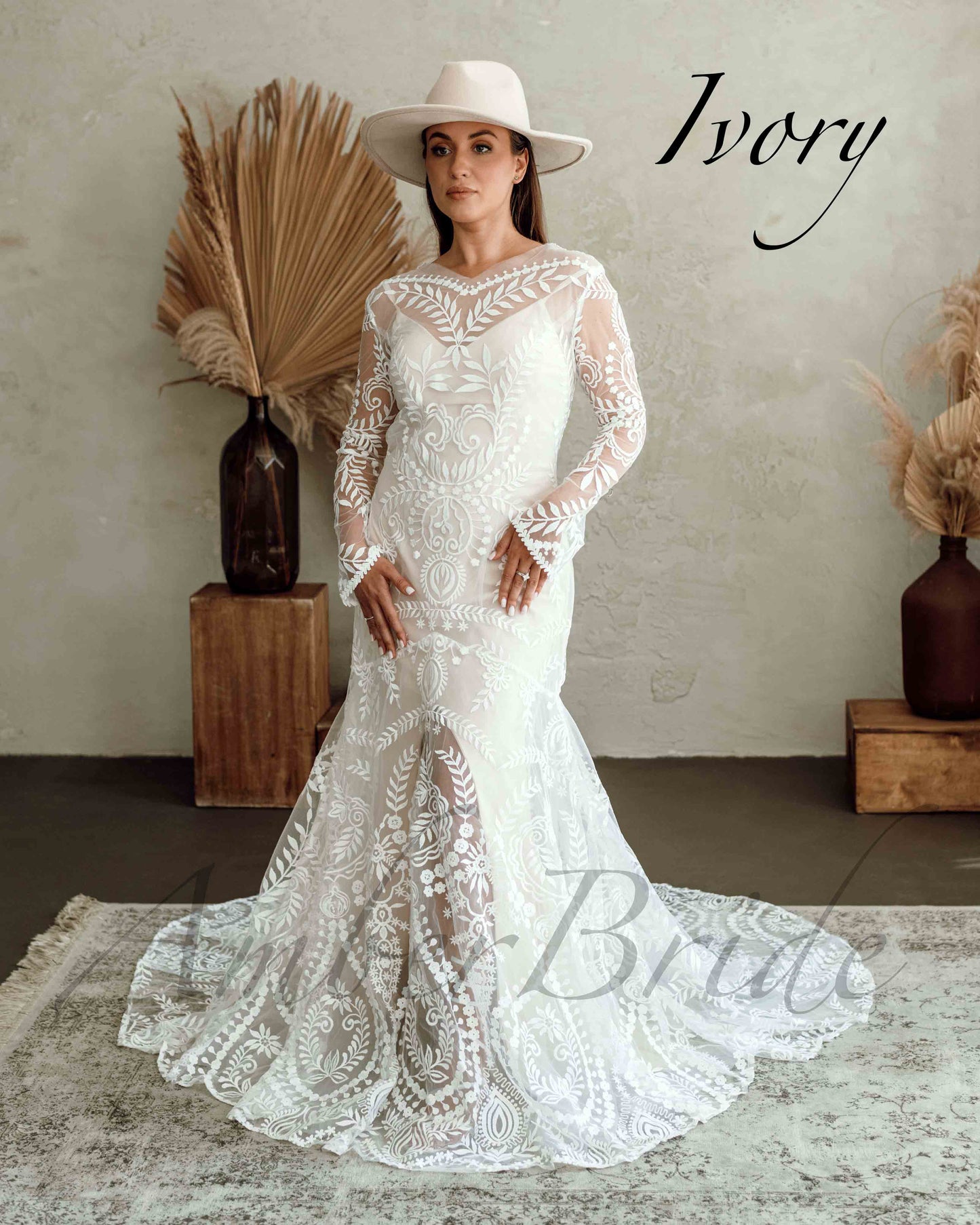 Boho Mermaid Long Sleeve Floral Wedding Dress with Open Back